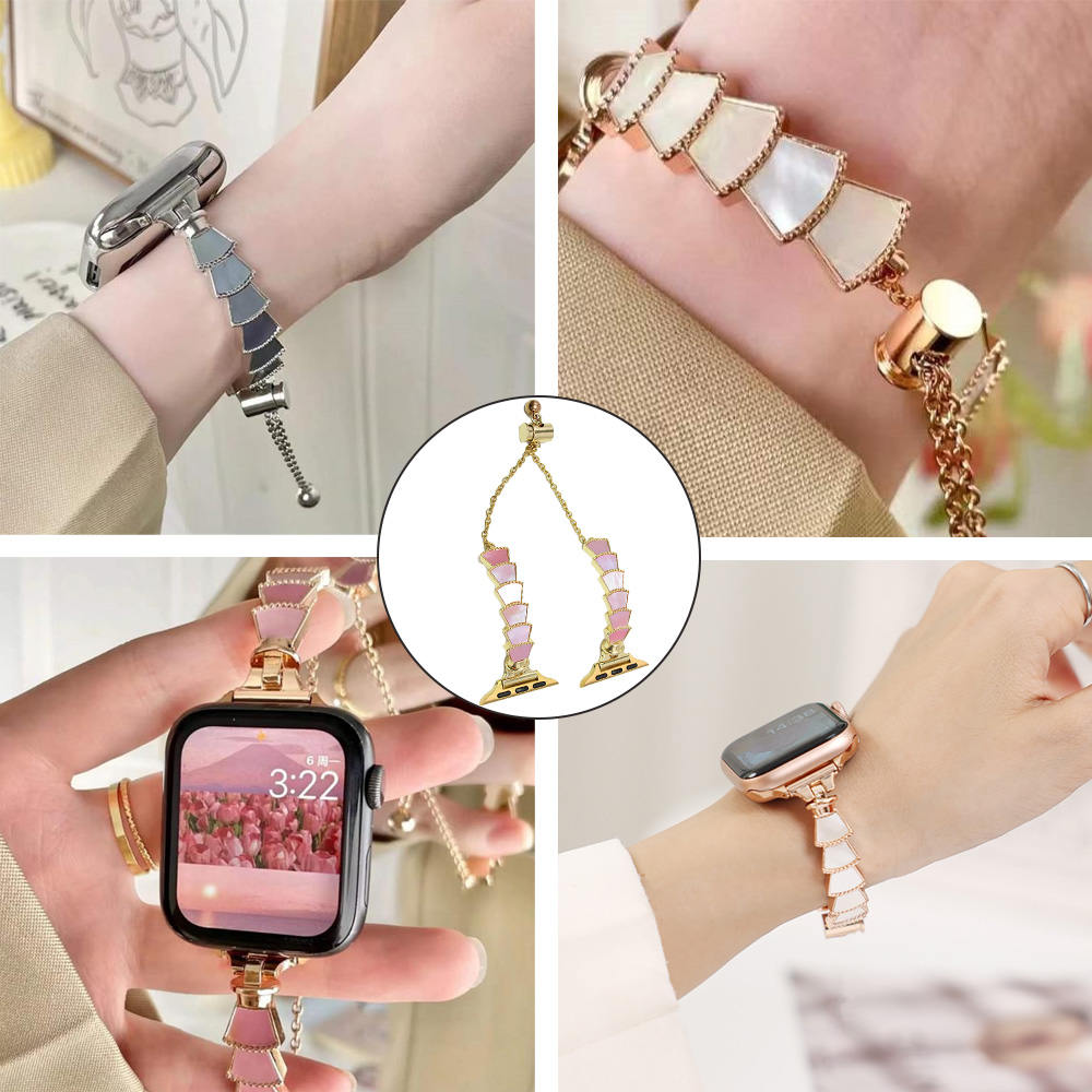 Collage von vier Apple Watch-Bildern mit verschiedenen Armbändern. Eines zeigt ein silbernes Armband, andere rosa, gold und weiß.