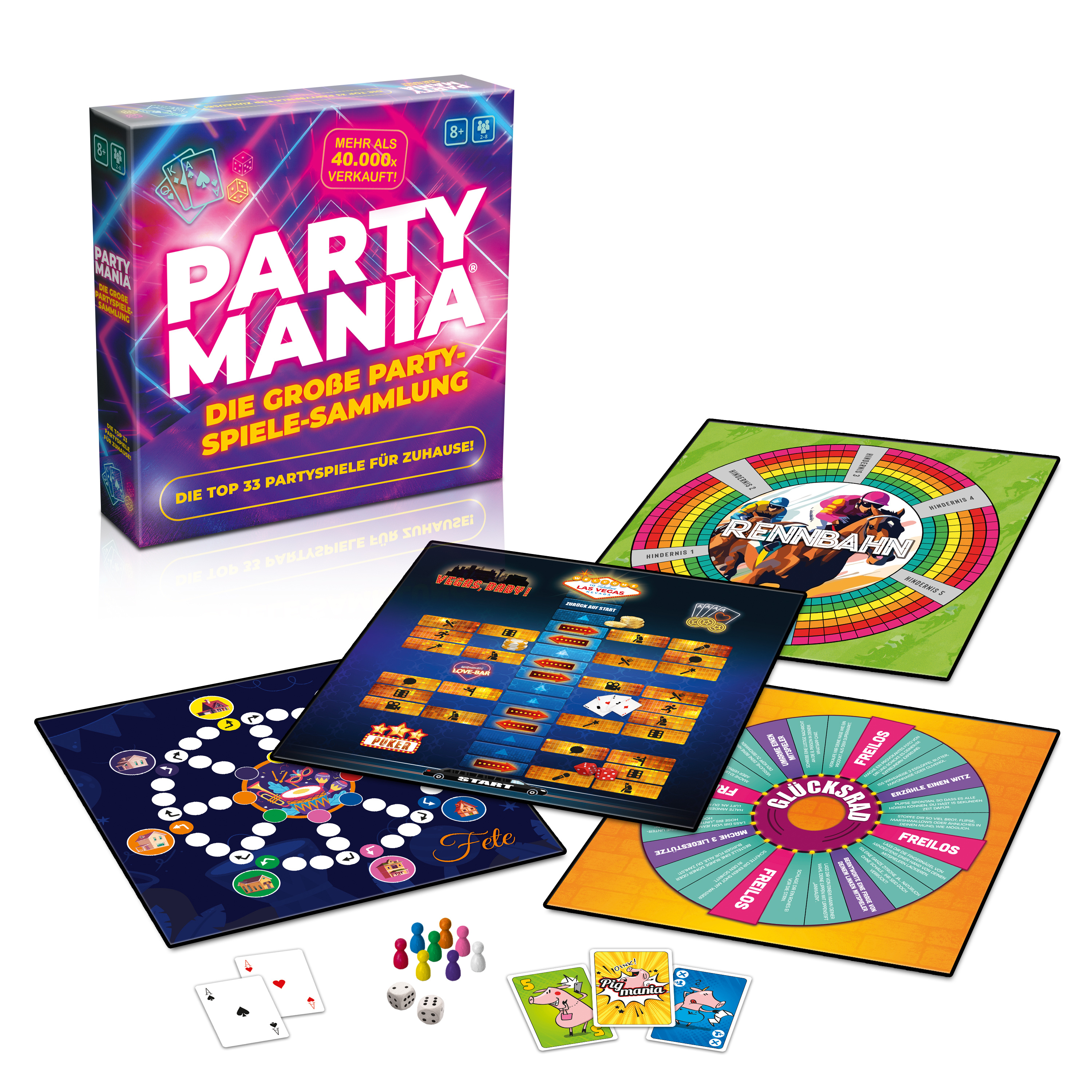Brettspielbox mit Spielbrettern, Karten, Würfeln und Spielfiguren. Auf der Box steht 'Party Mania'.