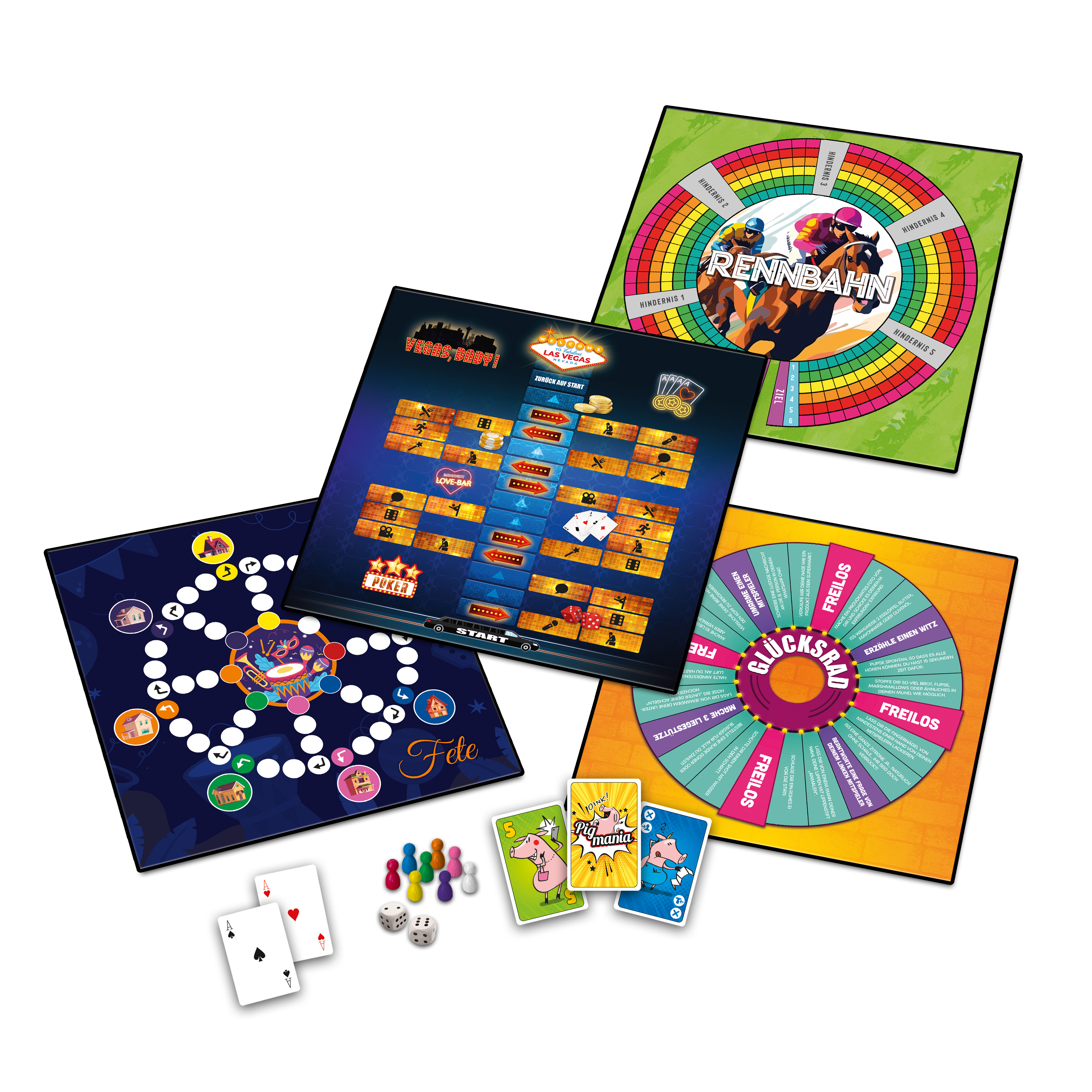 Brettspiele mit bunten Brettern, Karten, Würfeln und Spielfiguren. Enthält Renn-, Party- und Schweine-Spiele.