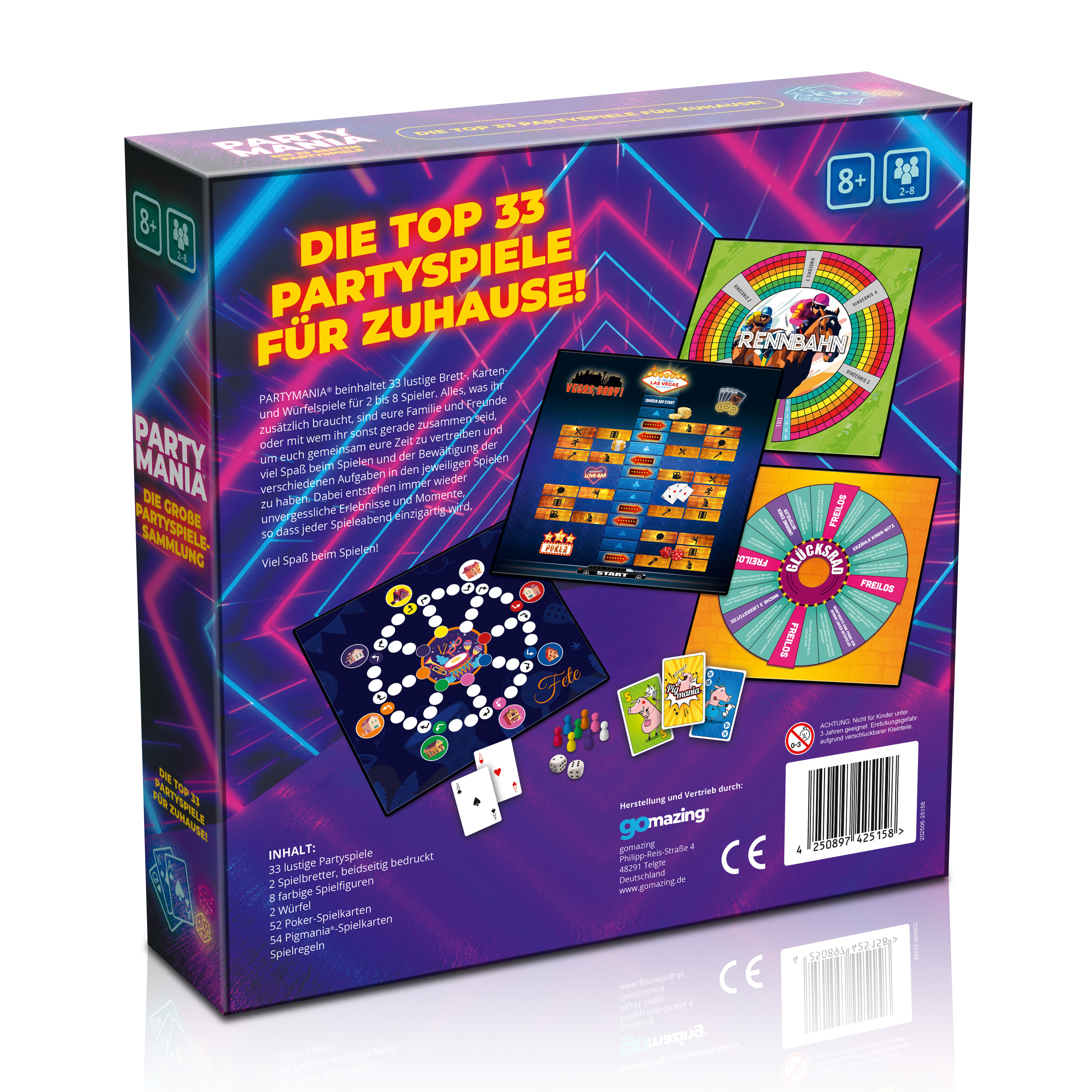 Spielbox mit Spielbrettern und Karten, mit Würfeln und bunten Spielfiguren.