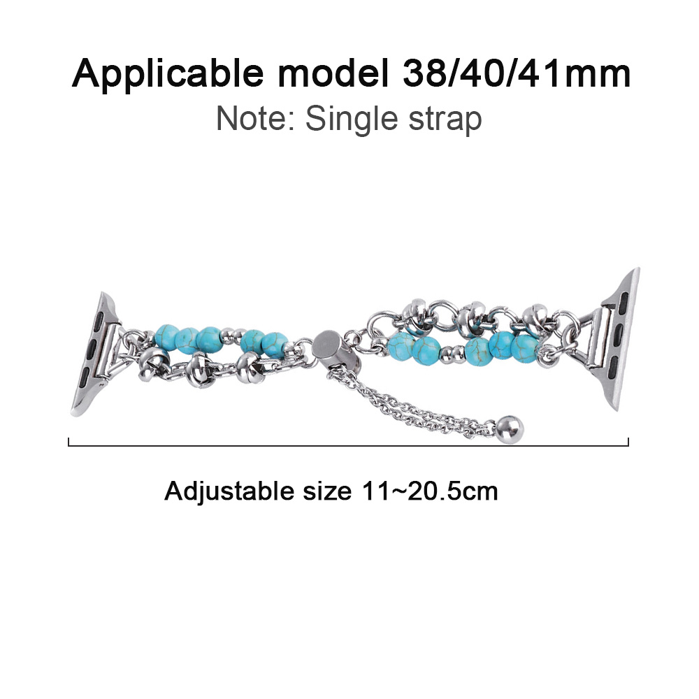 Silbernes Armband mit türkisfarbenen Perlen. Text: Anwendbares Modell, einstellbare Größe. Weißer Hintergrund.