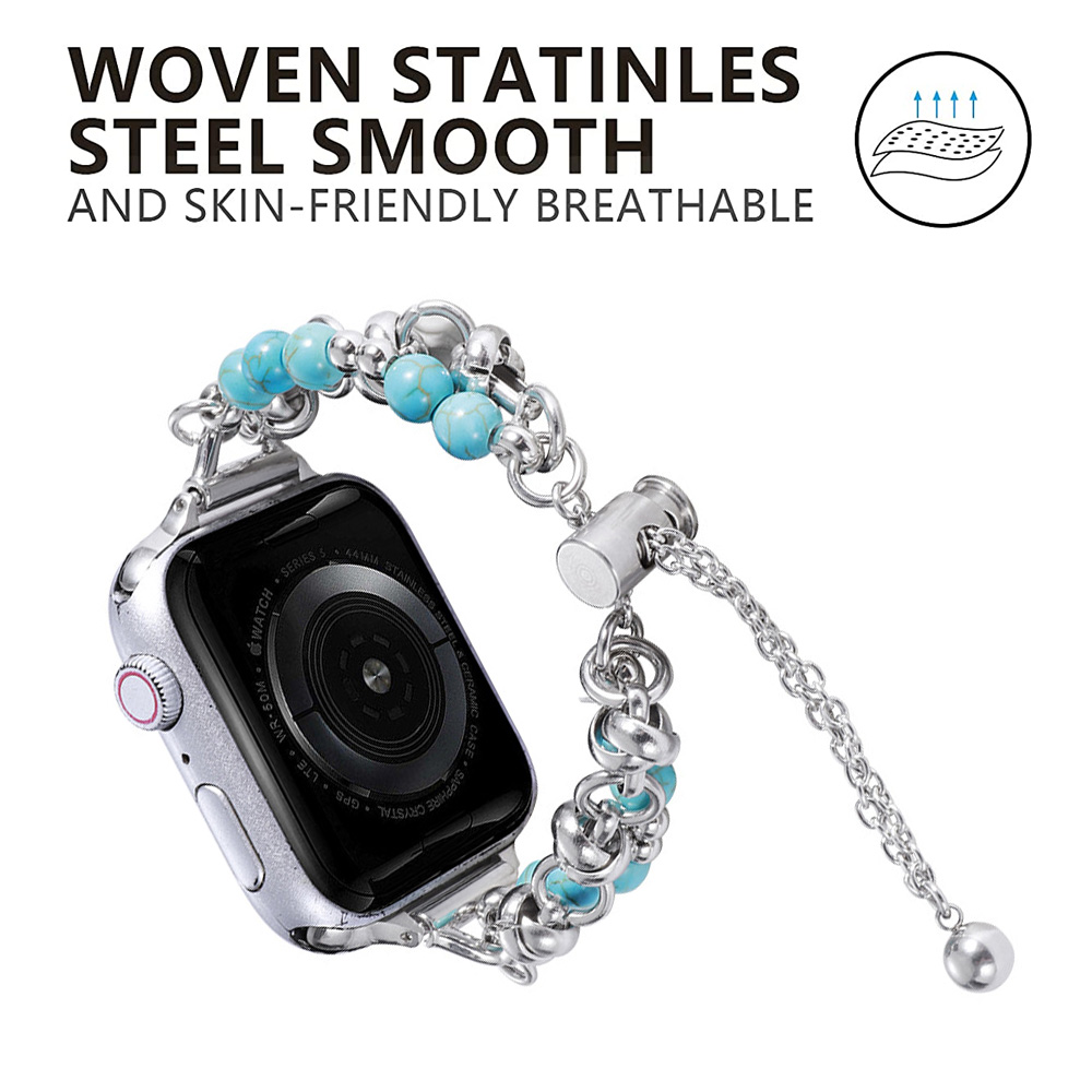 Silberne Apple Watch mit einem Armband aus Perlen, türkisfarbenen Perlen und einer Kette. Text oben: gewebter Edelstahl, glatt und atmungsaktiv.
