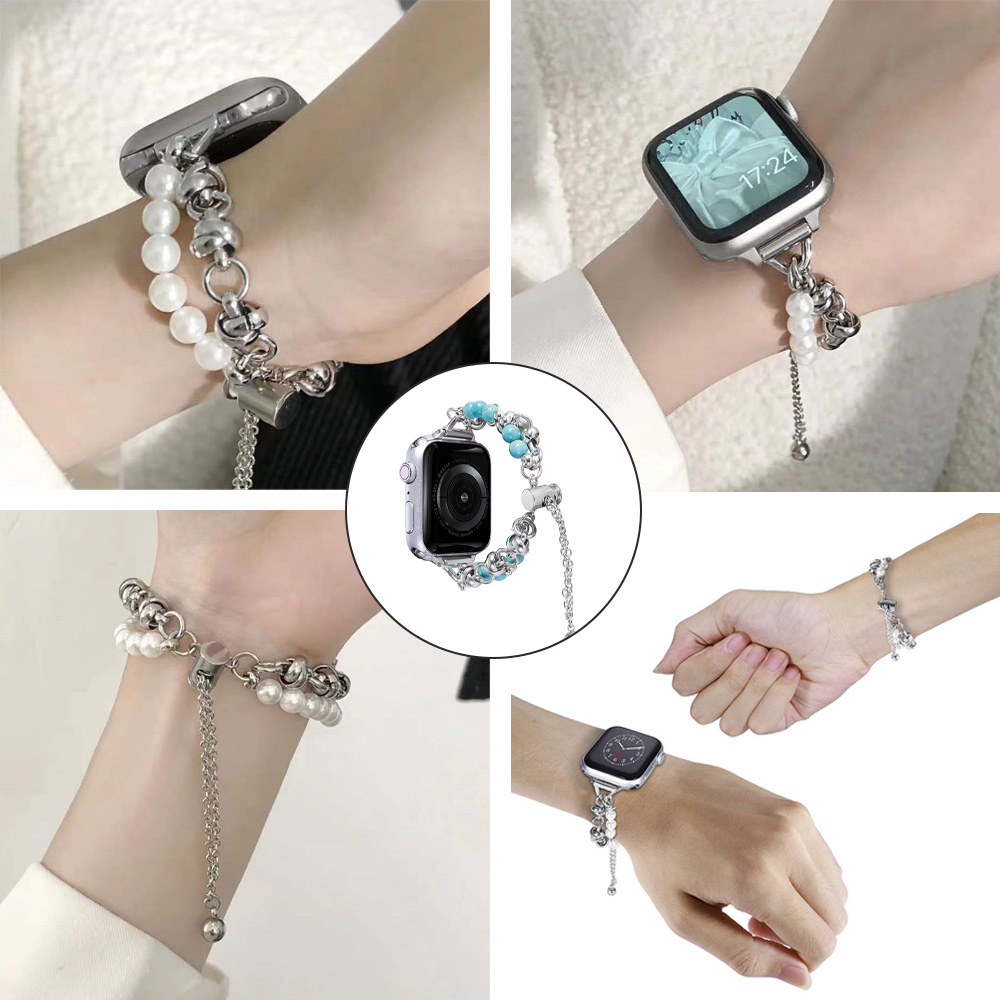 Collage von Handgelenken mit Apple Watches mit dekorativen Bändern. Die Bänder haben Perlen, Silberketten und Anhänger. Hände werden gezeigt.