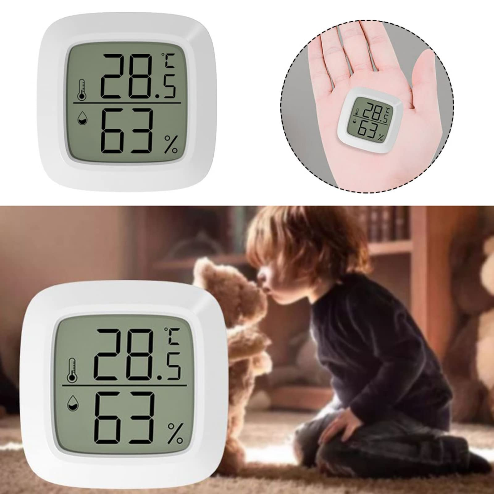 Ein weißes digitales Thermometer zeigt 28,5 °C und 63 % an. Ein Kind küsst einen Teddybär. Eine Hand hält ein kleines Thermometer.