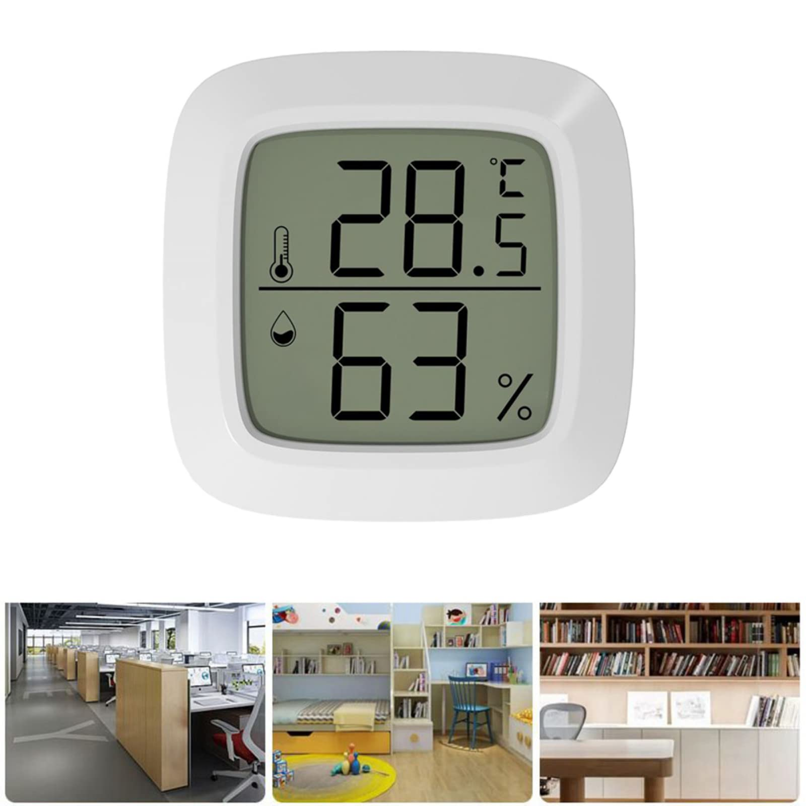 Ein weißes digitales Thermometer zeigt 28,5 Grad und 63 %. Im Hintergrund sind Büros, ein Schlafzimmer und eine Bibliothek zu sehen.