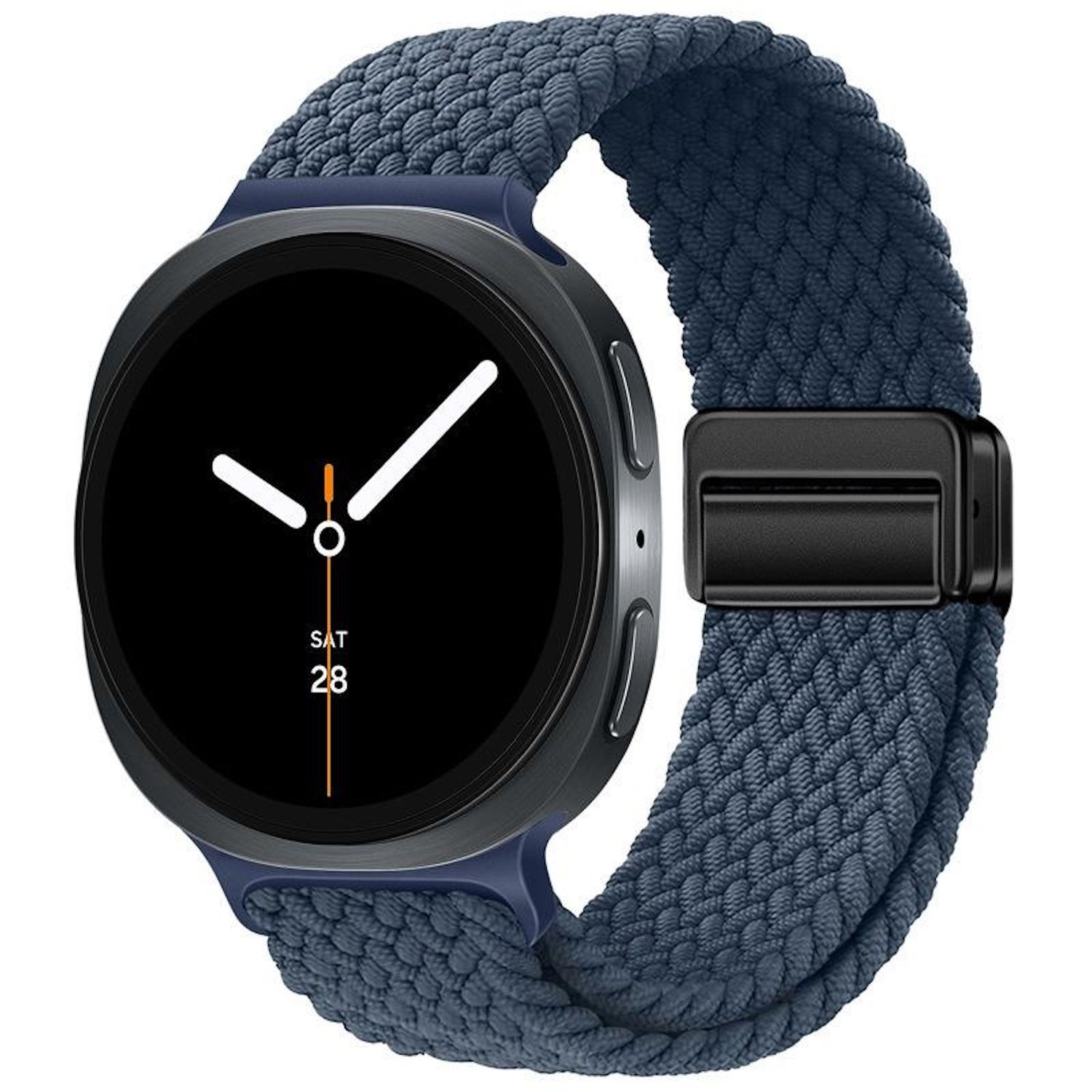 Eine runde Smartwatch mit einem geflochtenen Marineband. Das Zifferblatt ist schwarz mit weißen Zeigern und zeigt das Datum.