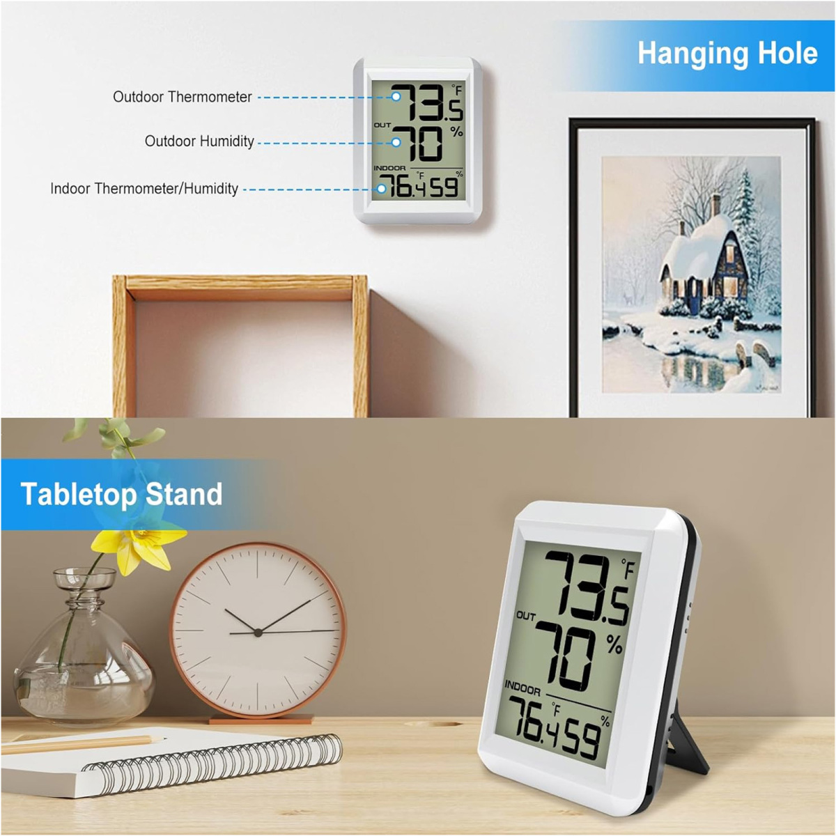 Ein digitales Thermometer zeigt die Außentemperatur (73,5 °F) und Luftfeuchtigkeit (70 %) sowie die Innenraumtemperatur/Luftfeuchtigkeit (76,459 %) an.