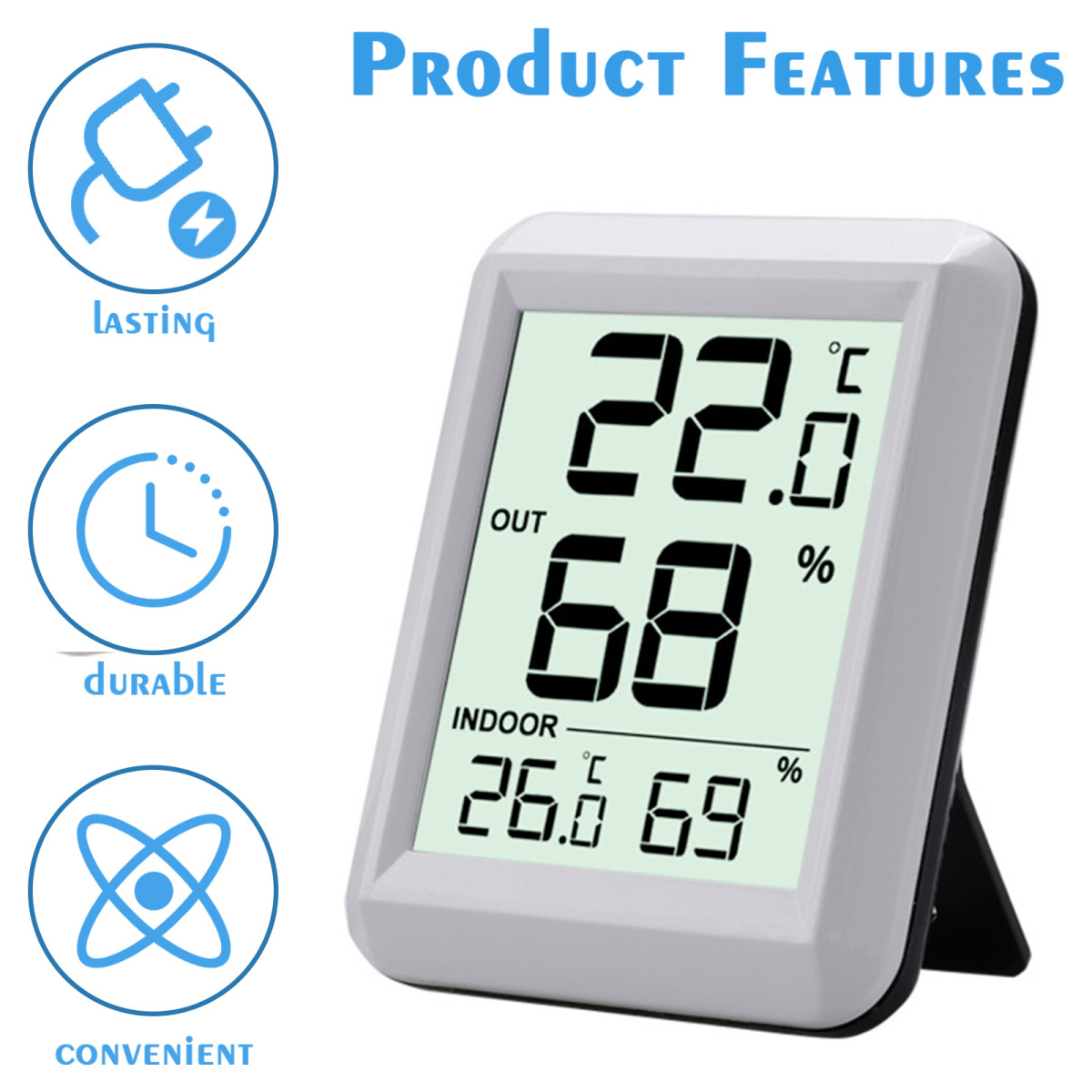 Ein digitales Thermometer zeigt Temperatur und Luftfeuchtigkeit an. Es hat 'OUT'- und 'INDOOR'-Messwerte. Symbole für langlebig, haltbar und bequem sind vorhanden.