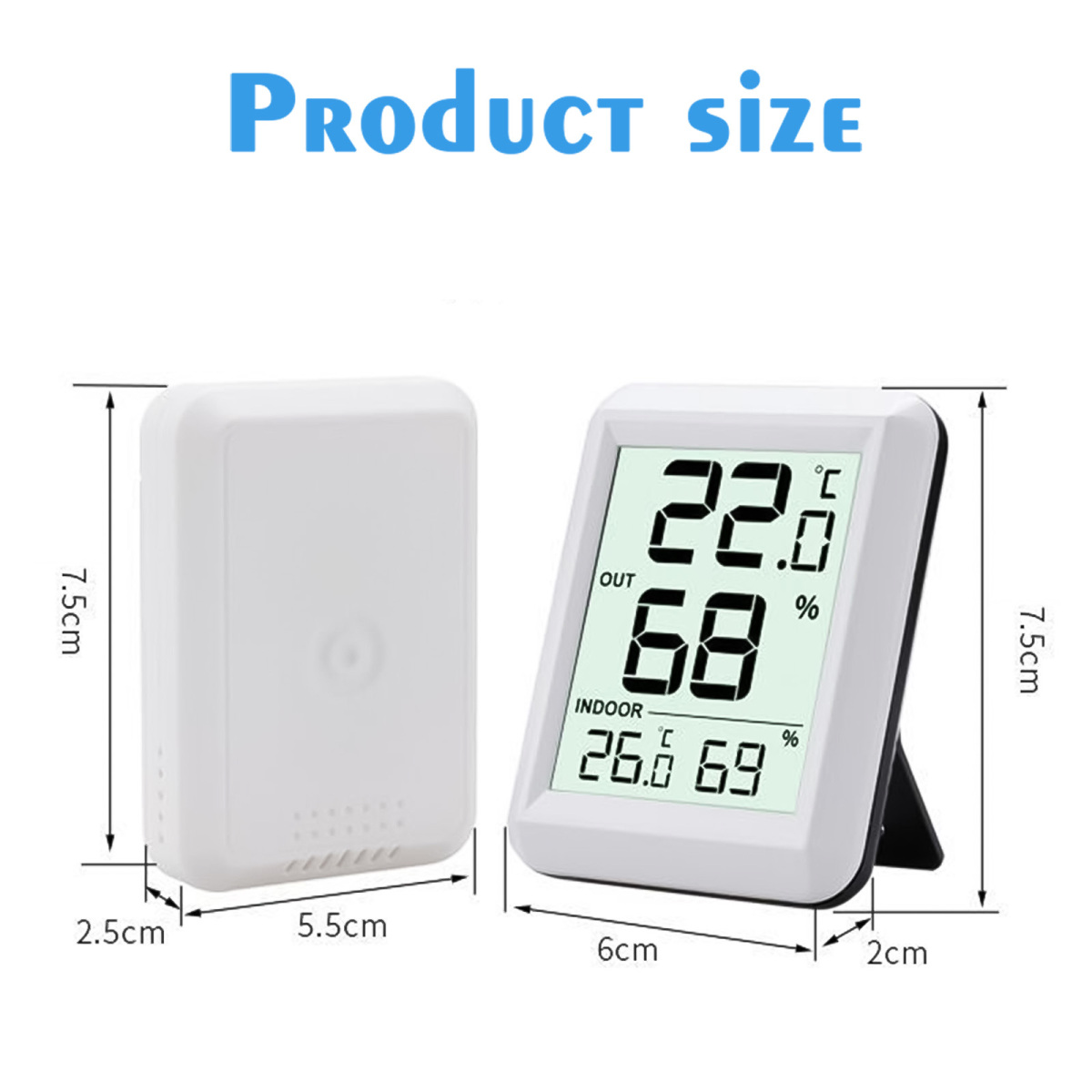 Das Bild zeigt ein weißes Thermometer mit Messungen. Es zeigt Temperatur- und Feuchtigkeitsmesswerte sowie Abmessungen in Zentimetern.