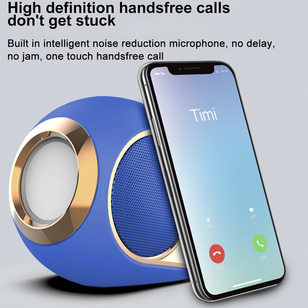 Ein blauer Lautsprecher mit goldenem Rand und ein Smartphone mit einem eingehenden Anruf von Timi.