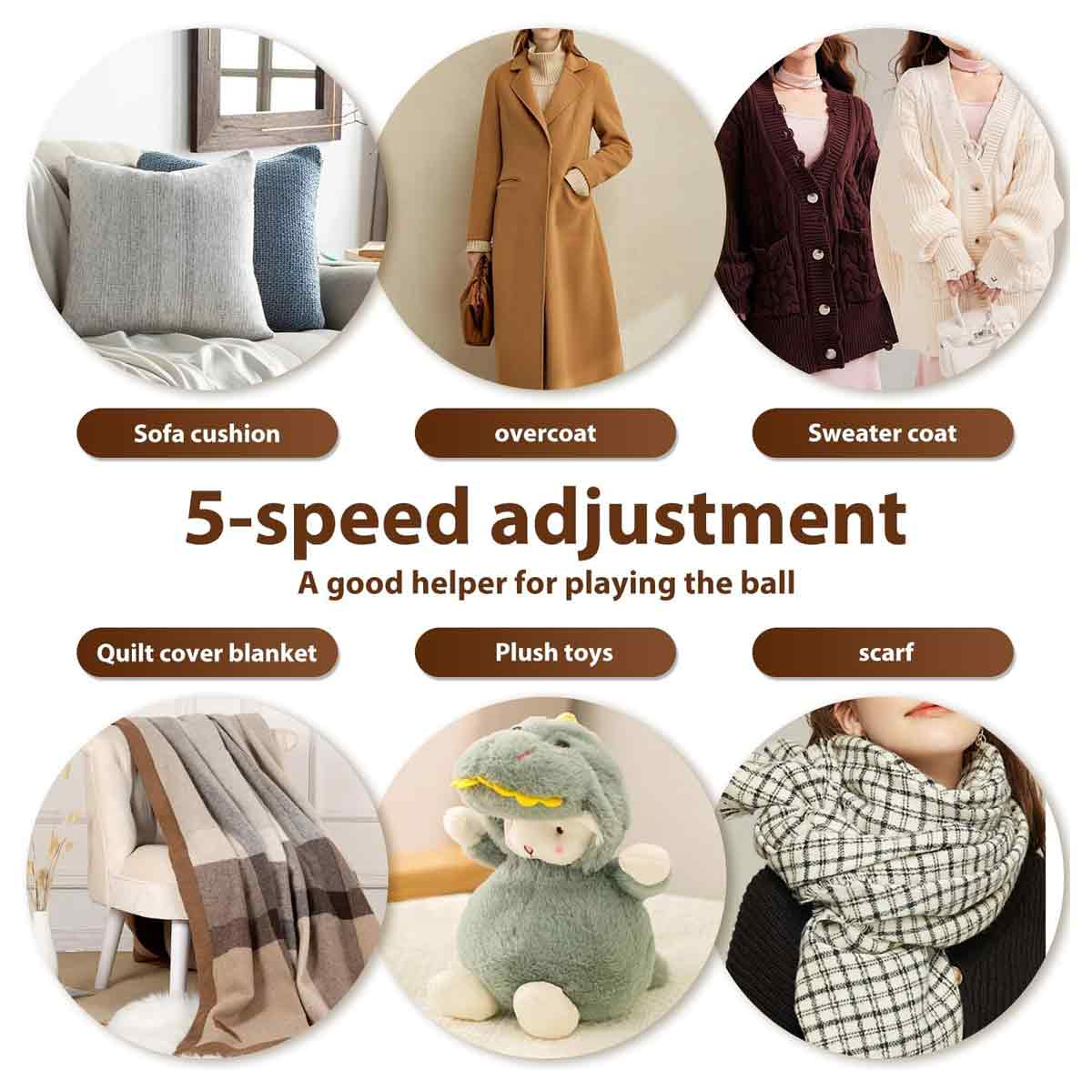 Das Bild zeigt Sofakissen, Mantel, Strickjacke, Steppdecke, Plüschtier und Schal. Text lautet '5-Gang-Einstellung'.
