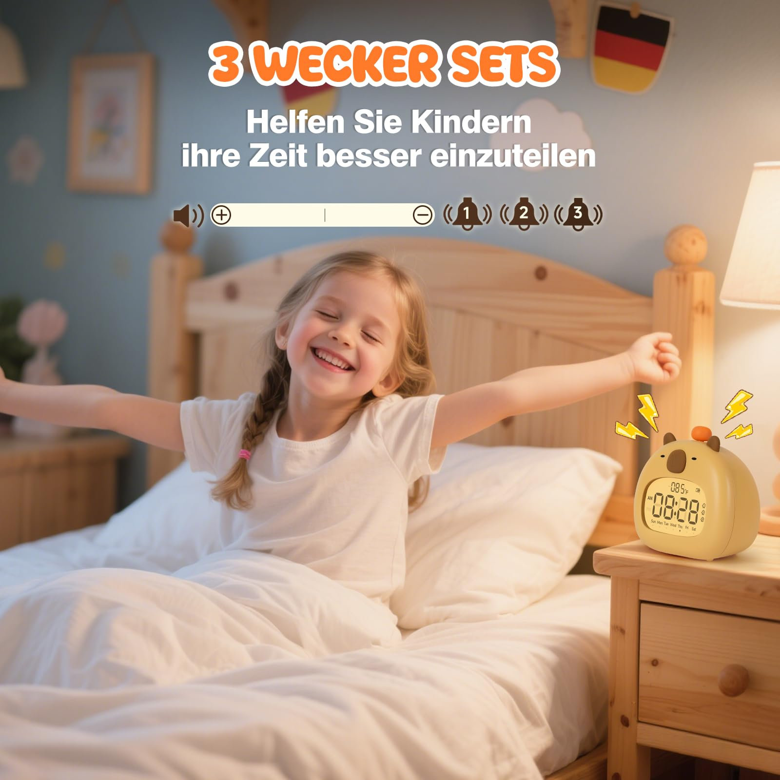 Ein Mädchen lächelt und reckt sich im Bett. Ein gelber Bärenwecker steht auf einem Nachttisch. Text: '3 WECKER SETS'.
