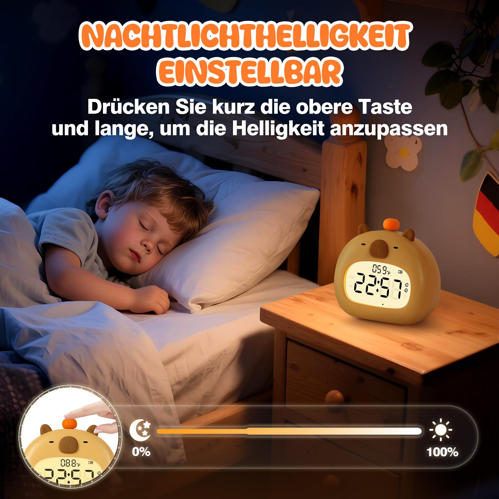 Ein Kind schläft im Bett. Daneben befindet sich ein Nachtlichtwecker mit Uhrzeit und Temperatur, mit einstellbarer Helligkeit.