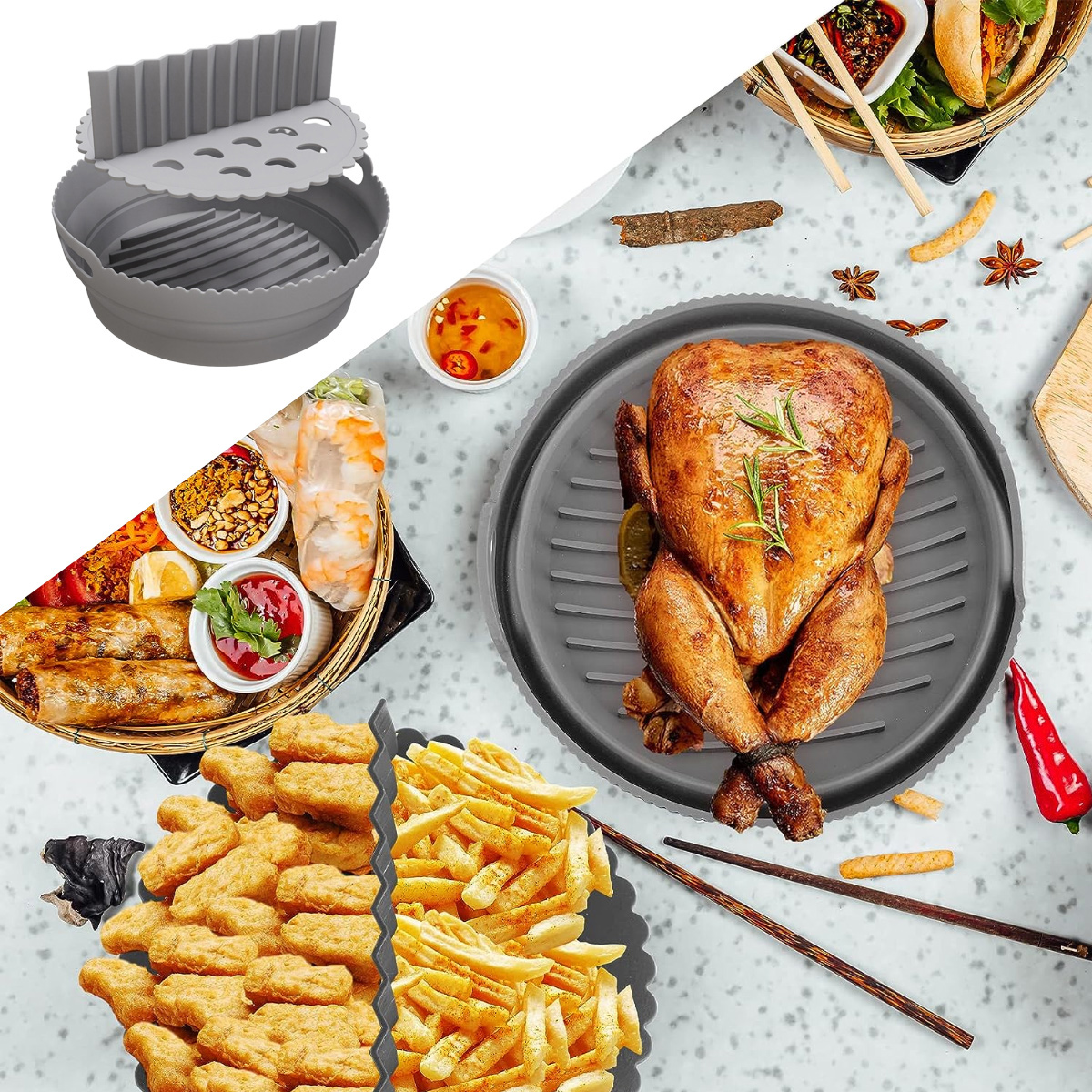 Gebratenes Huhn auf einem grauen Tablett, mit Pommes, Nuggets, Frühlingsrollen und einem grauen Airfryer-Zubehör.