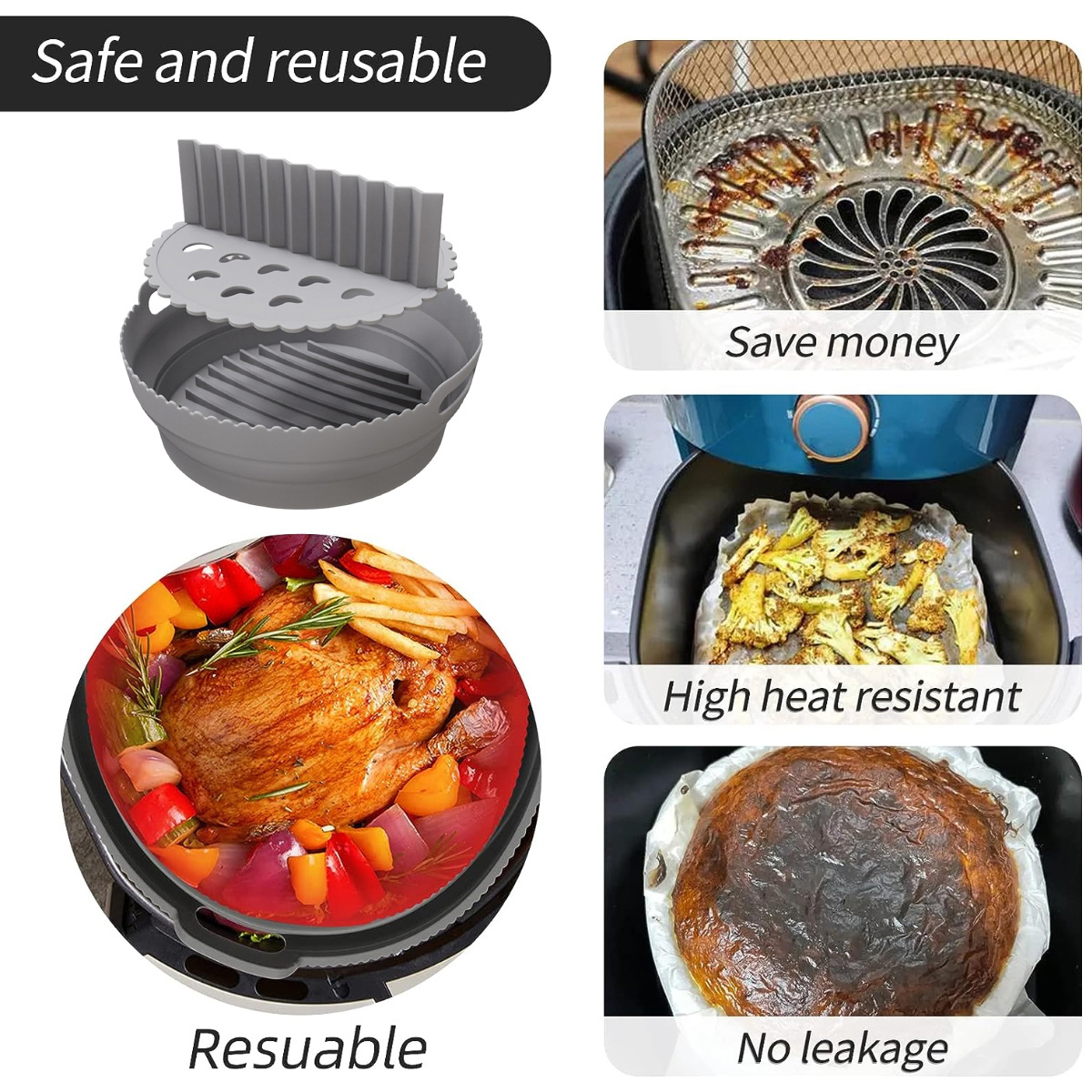 Das Bild zeigt Zubehör für eine Heißluftfritteuse und gekochtes Essen. Es hebt Eigenschaften wie Wiederverwendbarkeit, hohe Hitzebeständigkeit und Auslaufsicherheit hervor.