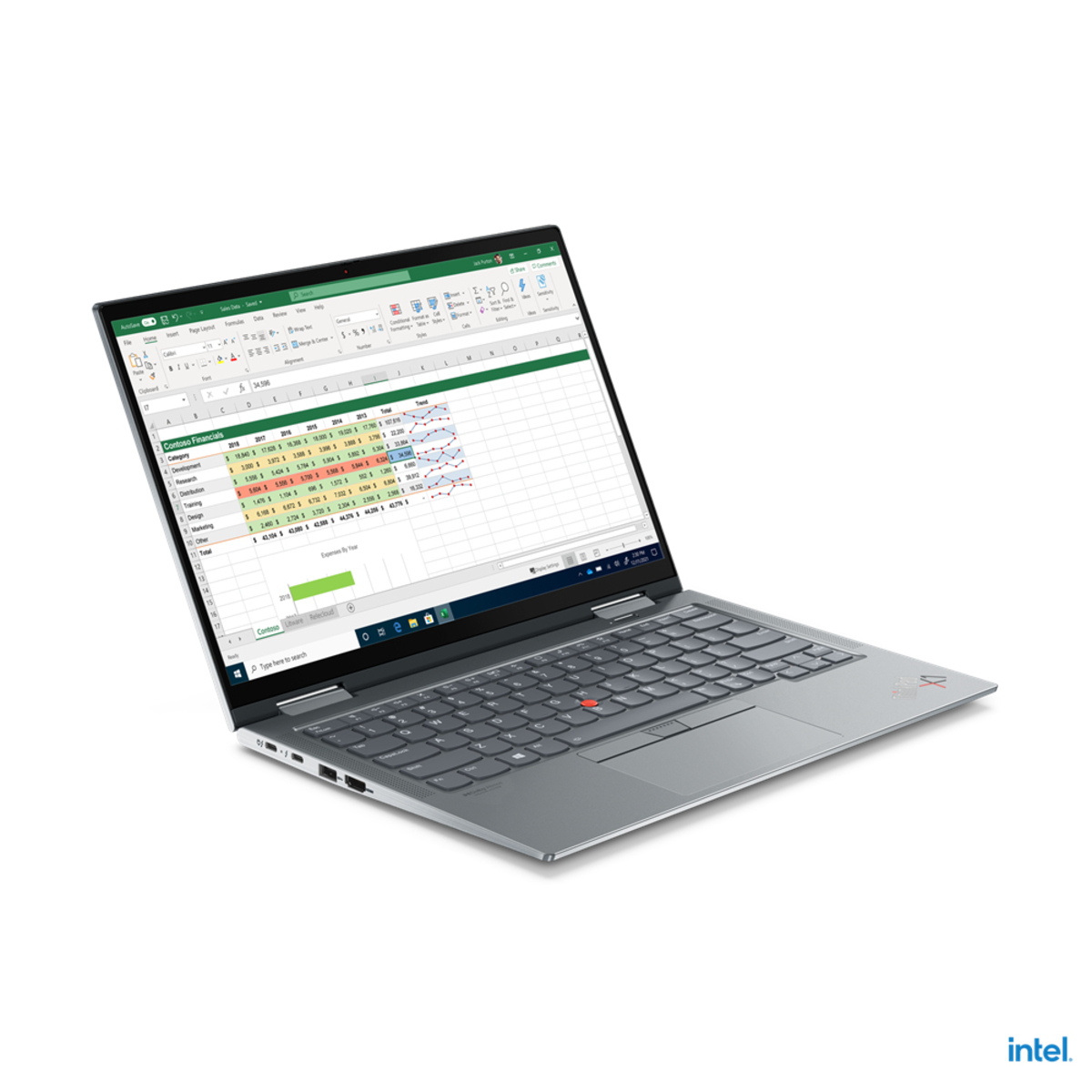 Laptop mit geöffnetem Bildschirm mit Tabellenkalkulation. Graue Tastatur, roter Trackpoint. Weißer Hintergrund. Intel-Logo.