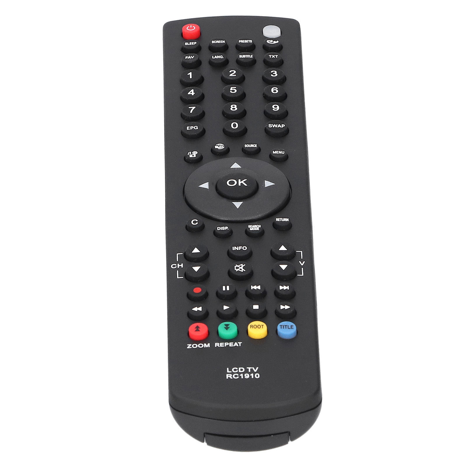 Eine schwarze TV-Fernbedienung mit vielen Tasten, darunter Zahlen, Lautstärke- und Kanalregler.