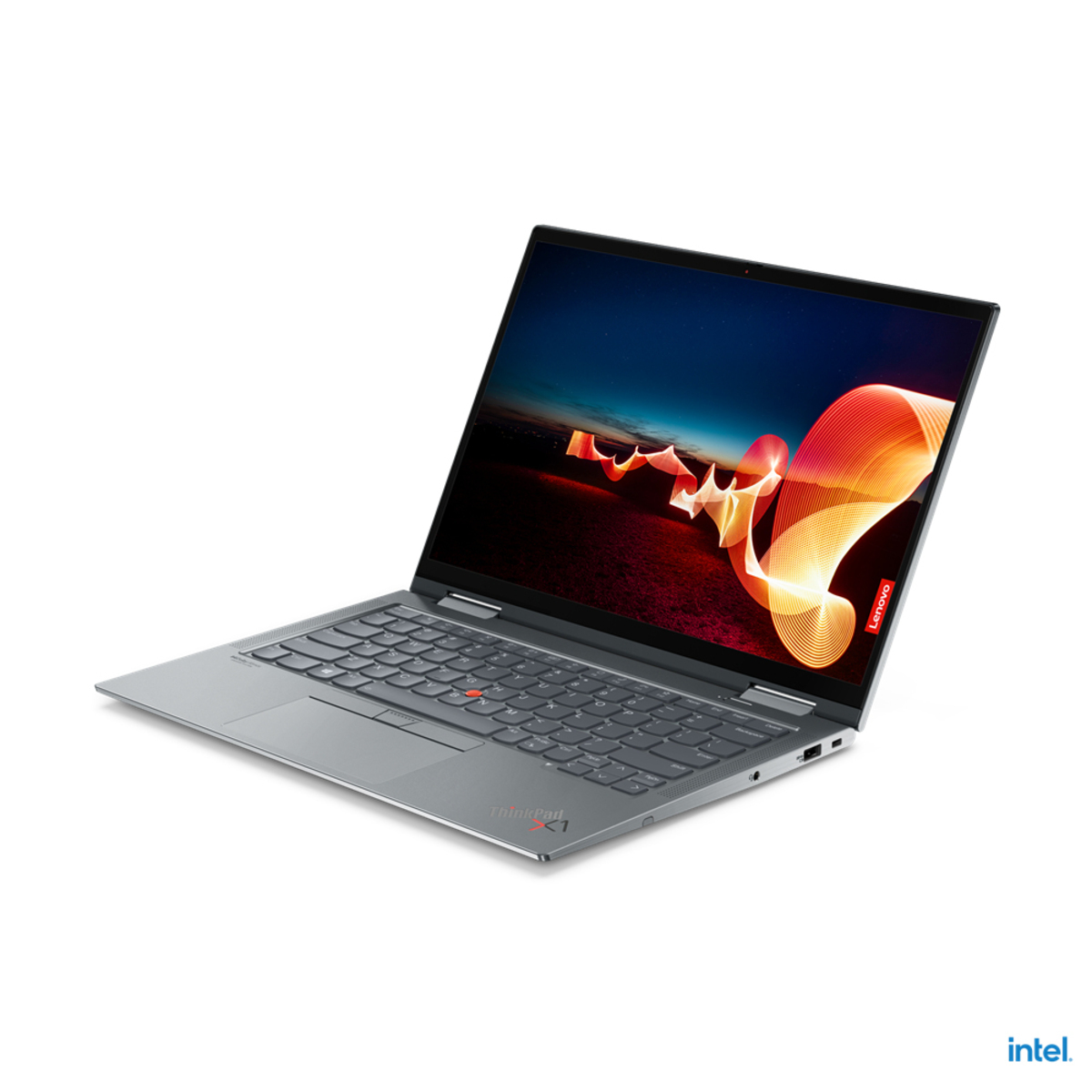 Ein Lenovo ThinkPad X1 Laptop ist geöffnet. Der Bildschirm zeigt ein farbenfrohes abstraktes Bild. Tastatur und Touchpad sind sichtbar.