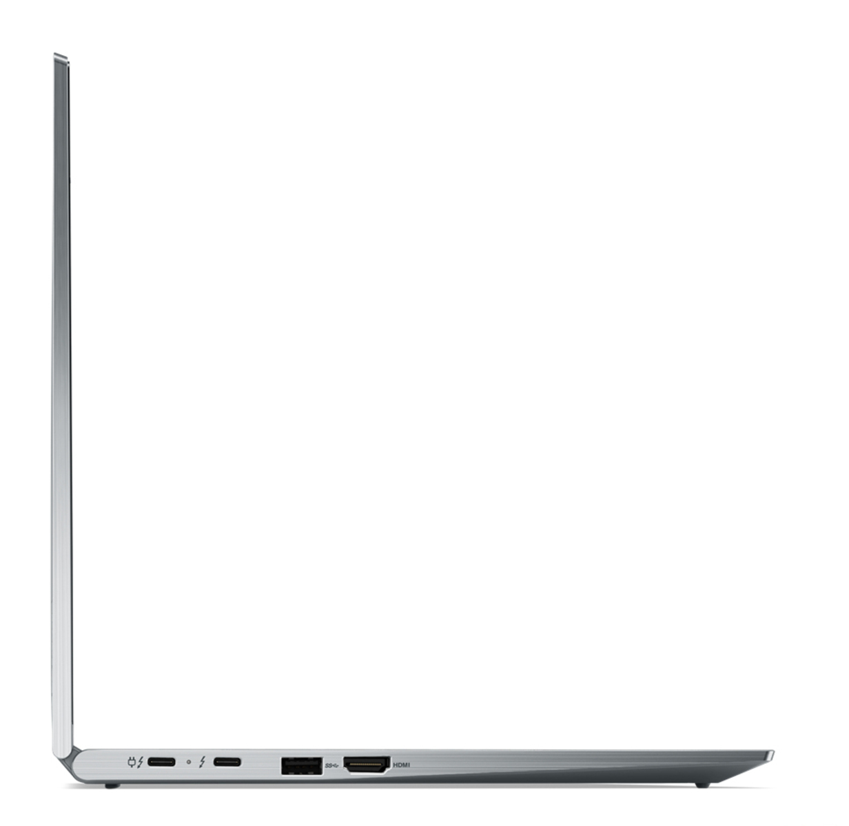 Seitenansicht eines silbernen Laptops. Anschlüsse: Strom, Thunderbolt, USB und HDMI. Der Bildschirm ist geschlossen. Weißer Hintergrund.