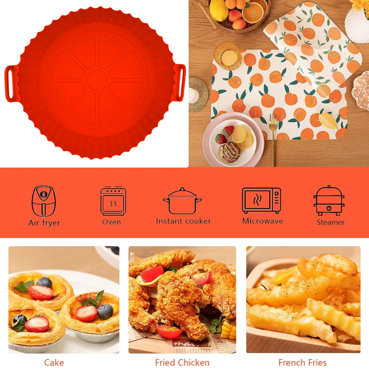 Ein roter Silikon-Airfryer-Einsatz, Essensbilder von Kuchen, gebratenem Huhn und Pommes Frites sowie Symbole für Küchengeräte.