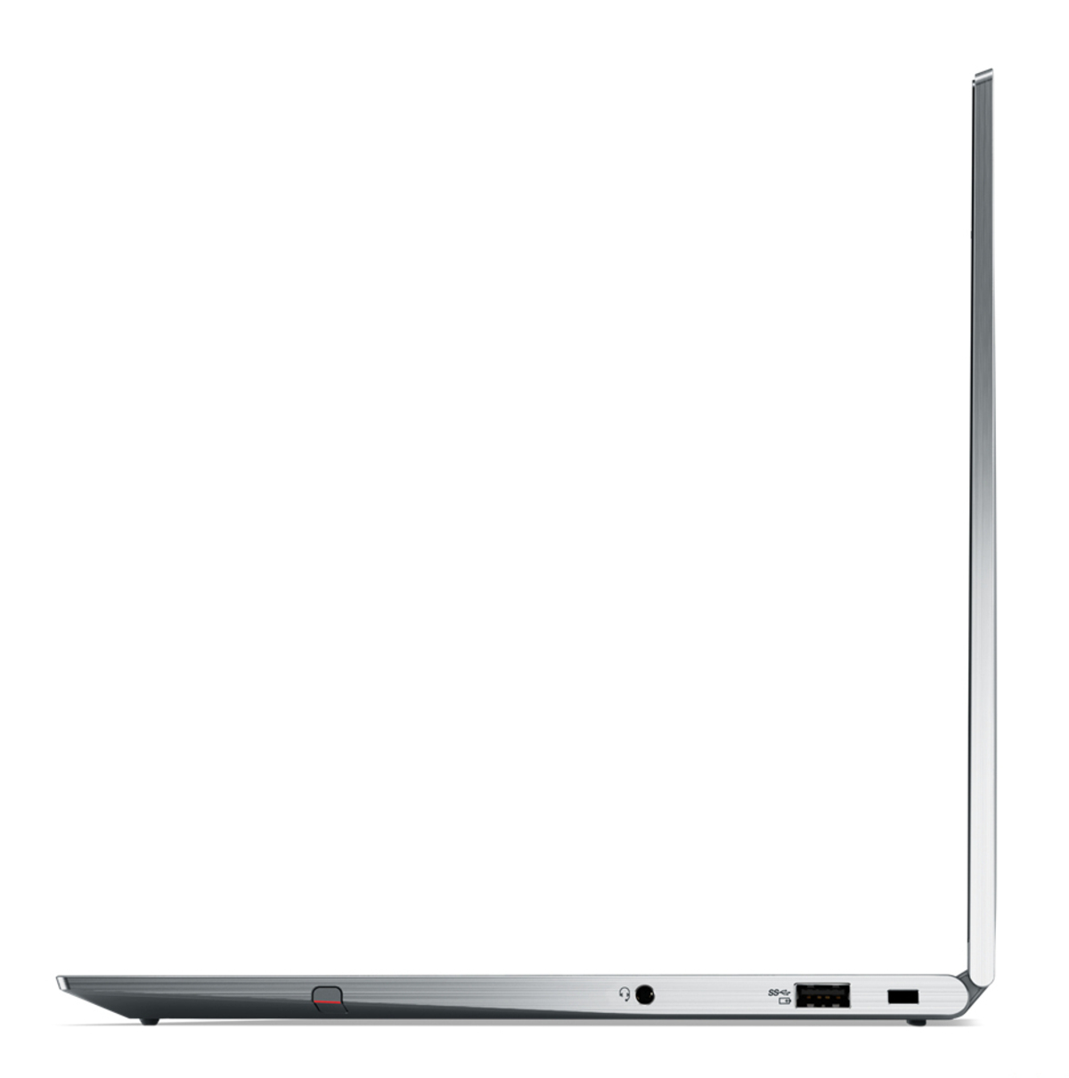 Seitenansicht eines silbernen Laptops. Sichtbare Anschlüsse sind Kopfhöreranschluss, USB und Ladeanschluss. Der Bildschirm ist geschlossen.