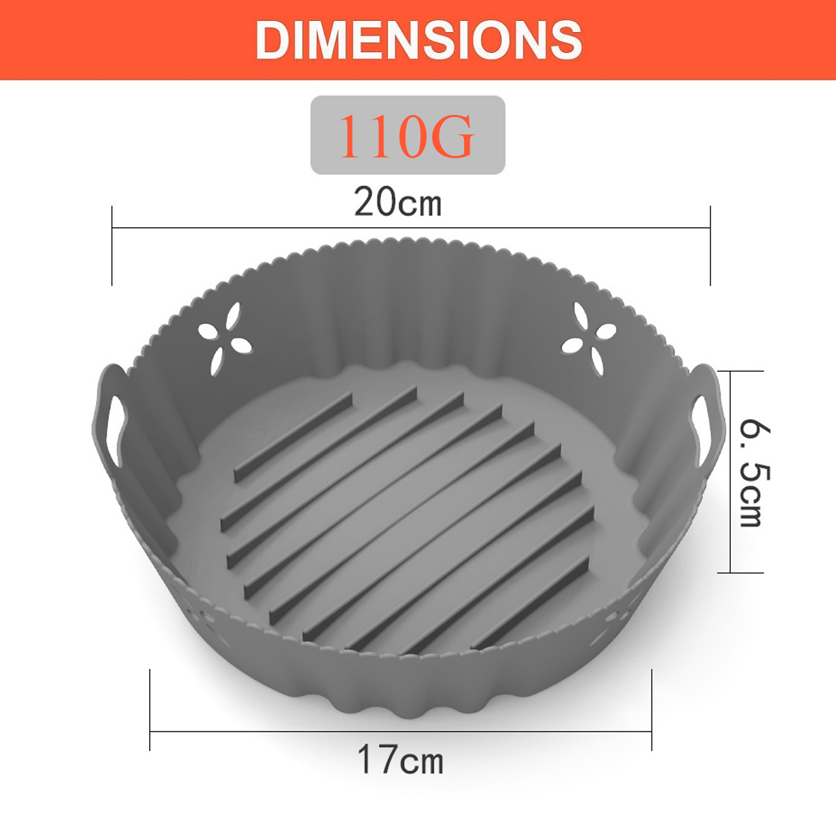Ein grauer Silikon-Airfryer-Korb mit Größenangaben. Er hat Griffe, Rippen und blütenförmige Aussparungen. Der Text 'DIMENSIONS' steht oben.