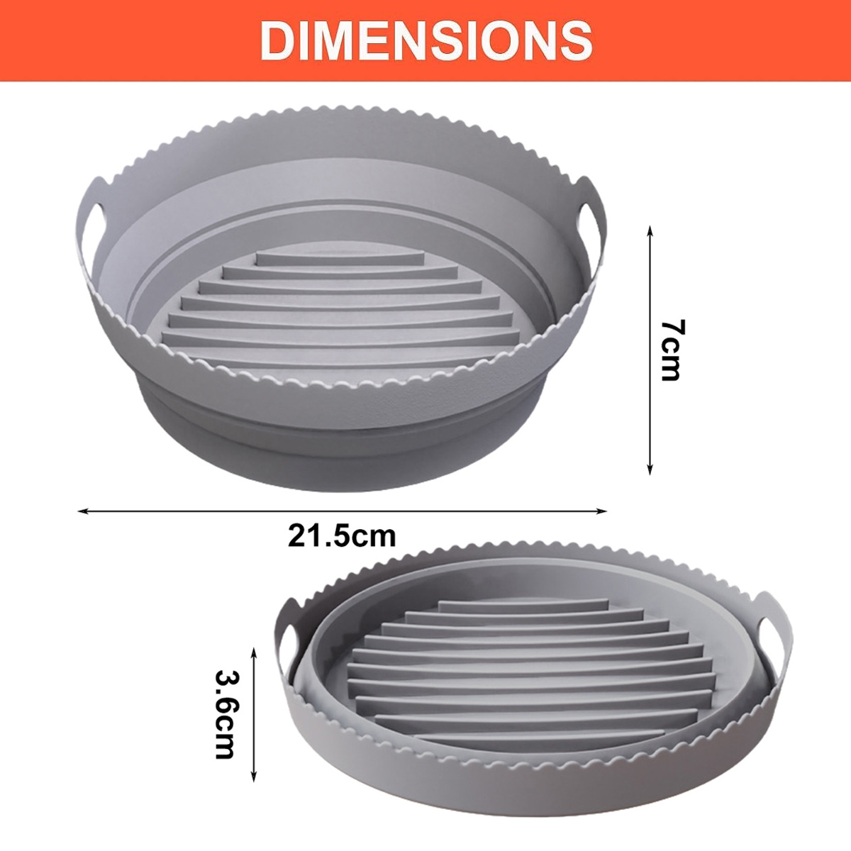 Zwei graue Silikon-Heißluftfritteusen-Körbe mit Maßen: 21,5 cm breit, 7 cm hoch und 3,6 cm hoch im zusammengeklappten Zustand.