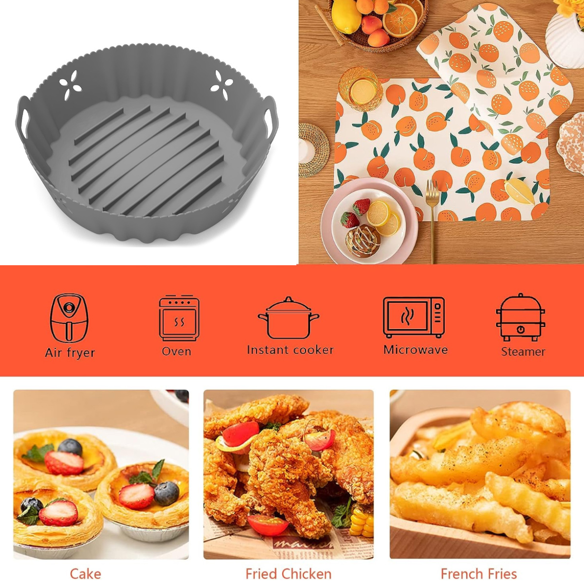 Das Bild zeigt einen Airfryer-Korb, Orangen, Essenssymbole, Kuchen, Brathähnchen und Pommes Frites.