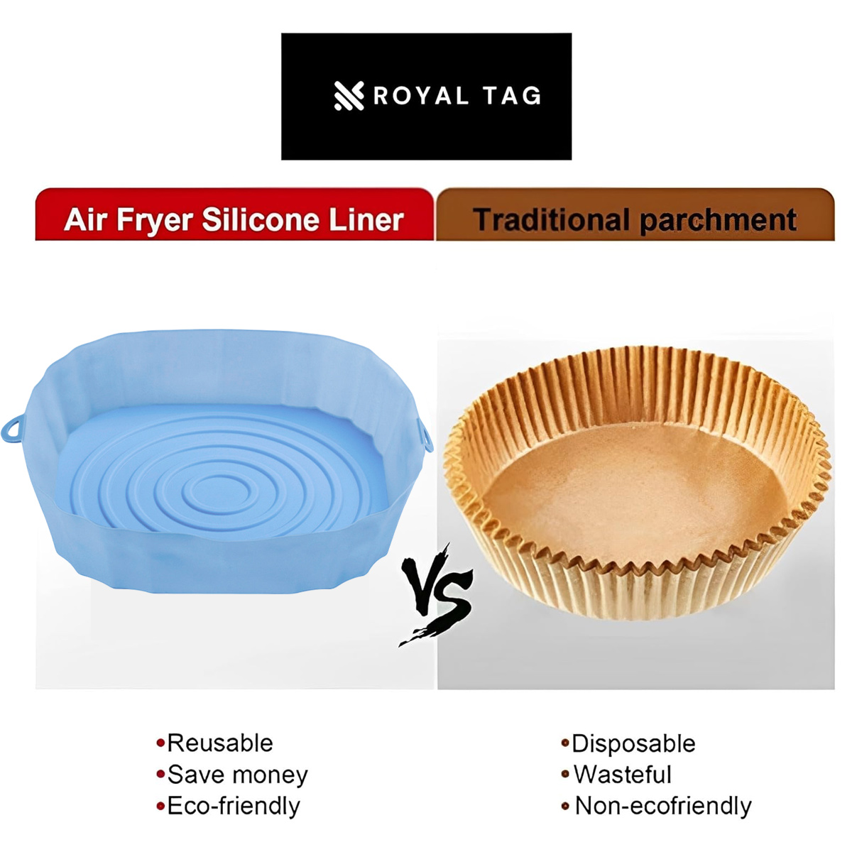 Das Bild vergleicht eine blaue Silikon-Heißluftfritteusenauskleidung mit einer braunen Pergamentauskleidung. Zeigt Vor- und Nachteile: wiederverwendbar, umweltfreundlich vs. Einweg, verschwenderisch.