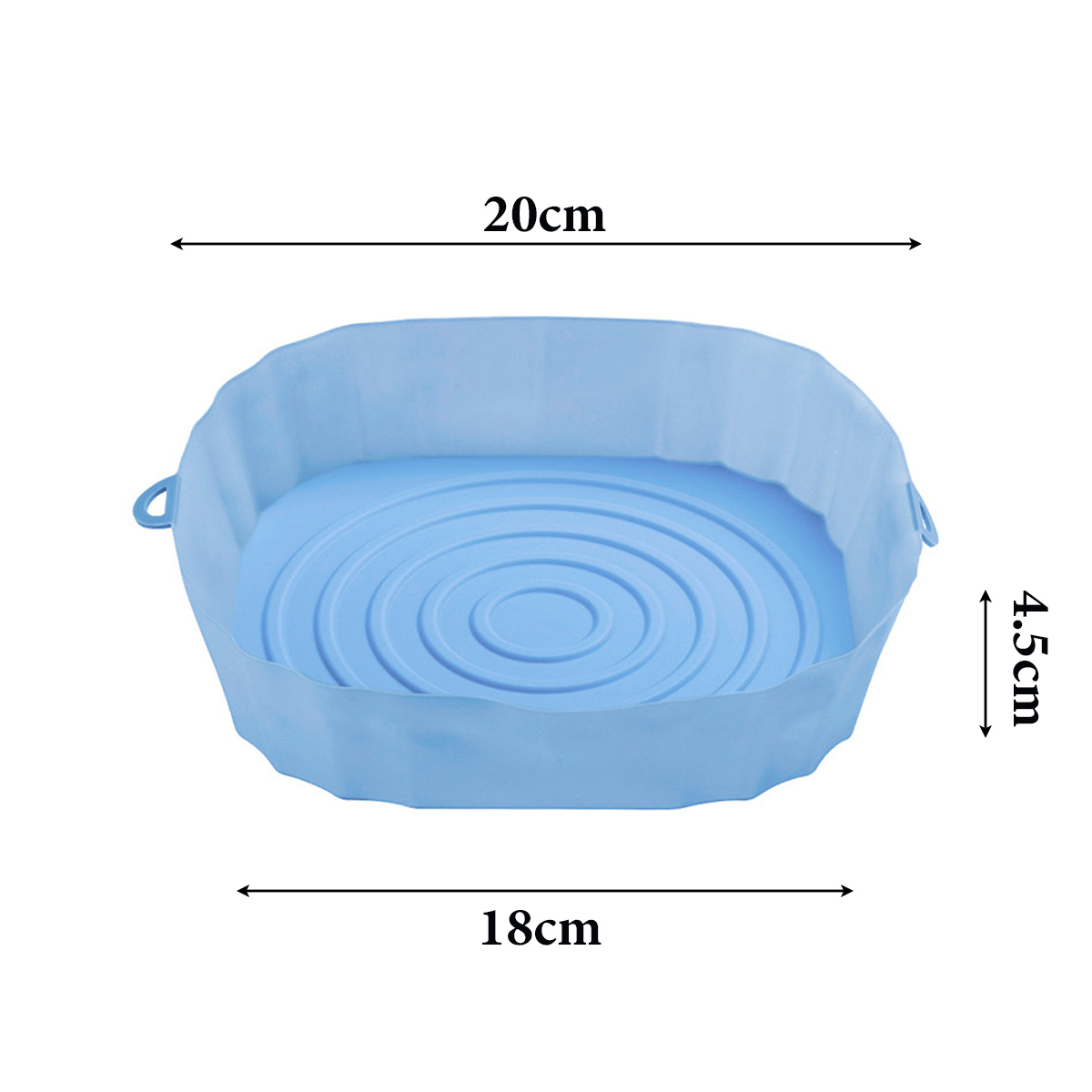 Ein hellblauer, quadratischer Behälter mit kreisförmigen Rippen im Boden. Abmessungen: 20 cm, 18 cm und 4,5 cm Höhe.