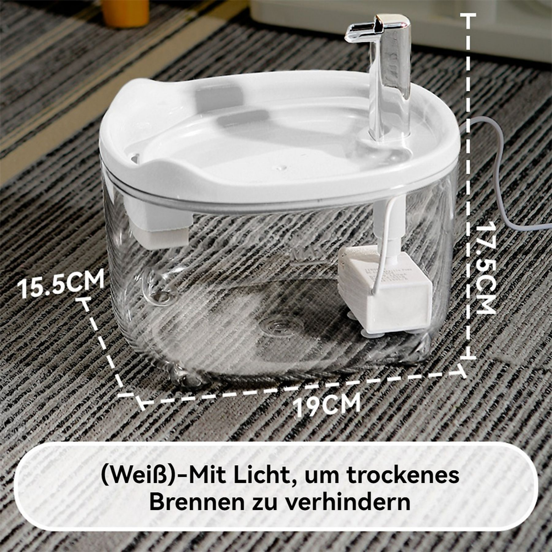 Ein weißer und transparenter Haustier-Wasserbrunnen mit silbernem Ausguss und weißer Basis. Abmessungen sind angegeben.
