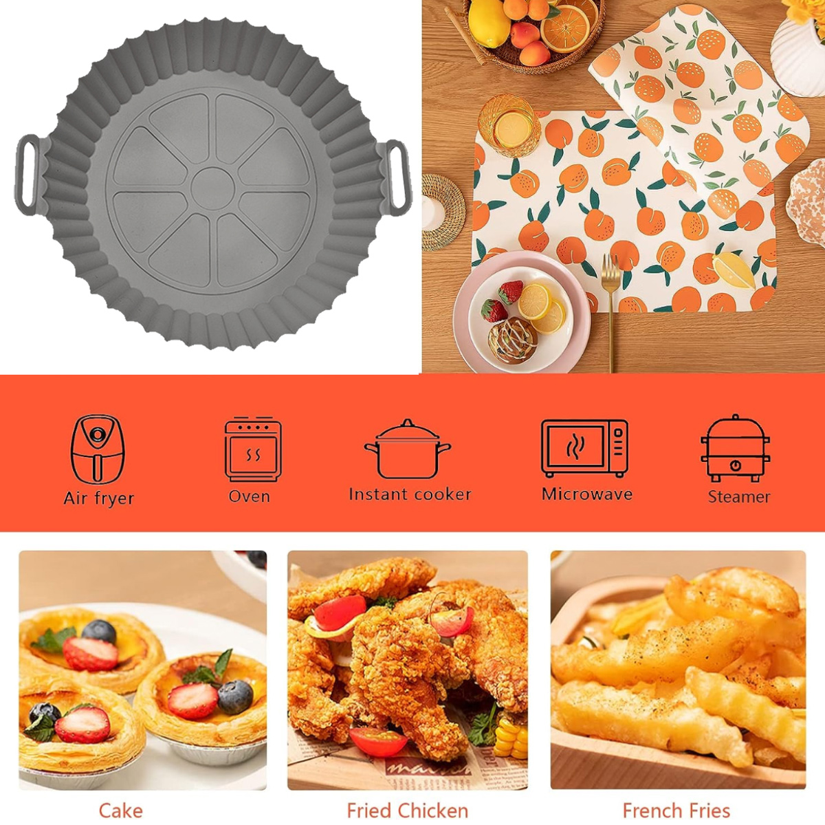 Das Bild zeigt einen Luftfritteusenkorb, Essen und Küchenutensilien. Enthält Brathähnchen, Pommes Frites, Kuchen und Geräte-Icons.