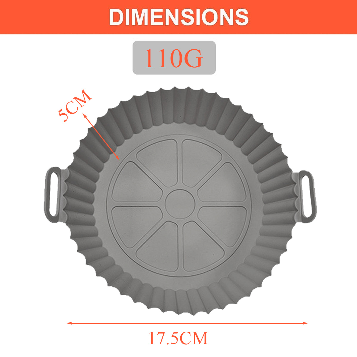 Eine graue Silikon-Backform mit Griffen. Abmessungen: 17,5 cm Durchmesser, 5 cm Höhe. Gewicht: 110g.