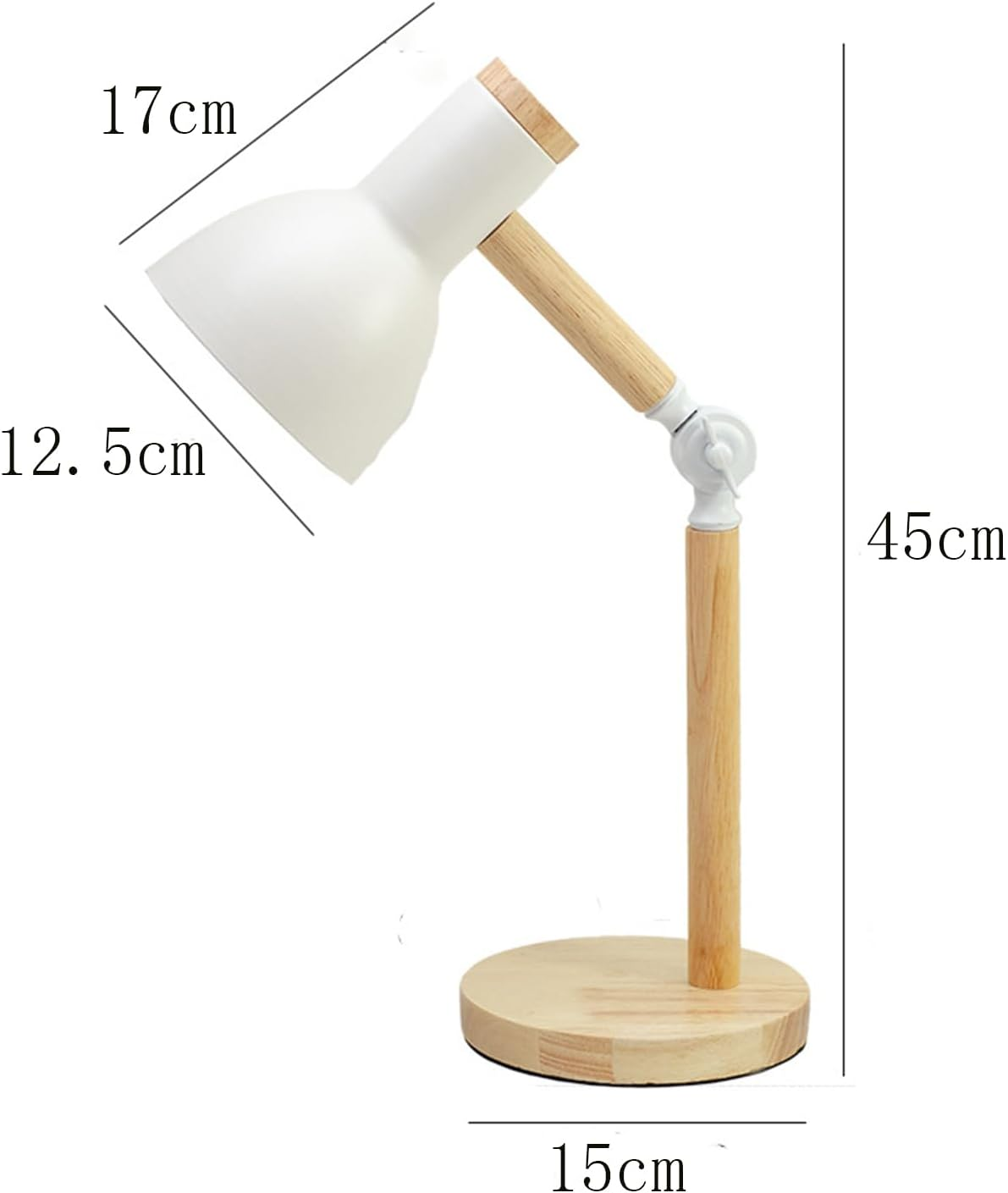 Eine weiße Schreibtischlampe mit Holzfuß und -arm. Maße sind 17 cm x 12,5 cm für den Lampenkopf, 45 cm Höhe und 15 cm für den Sockel.