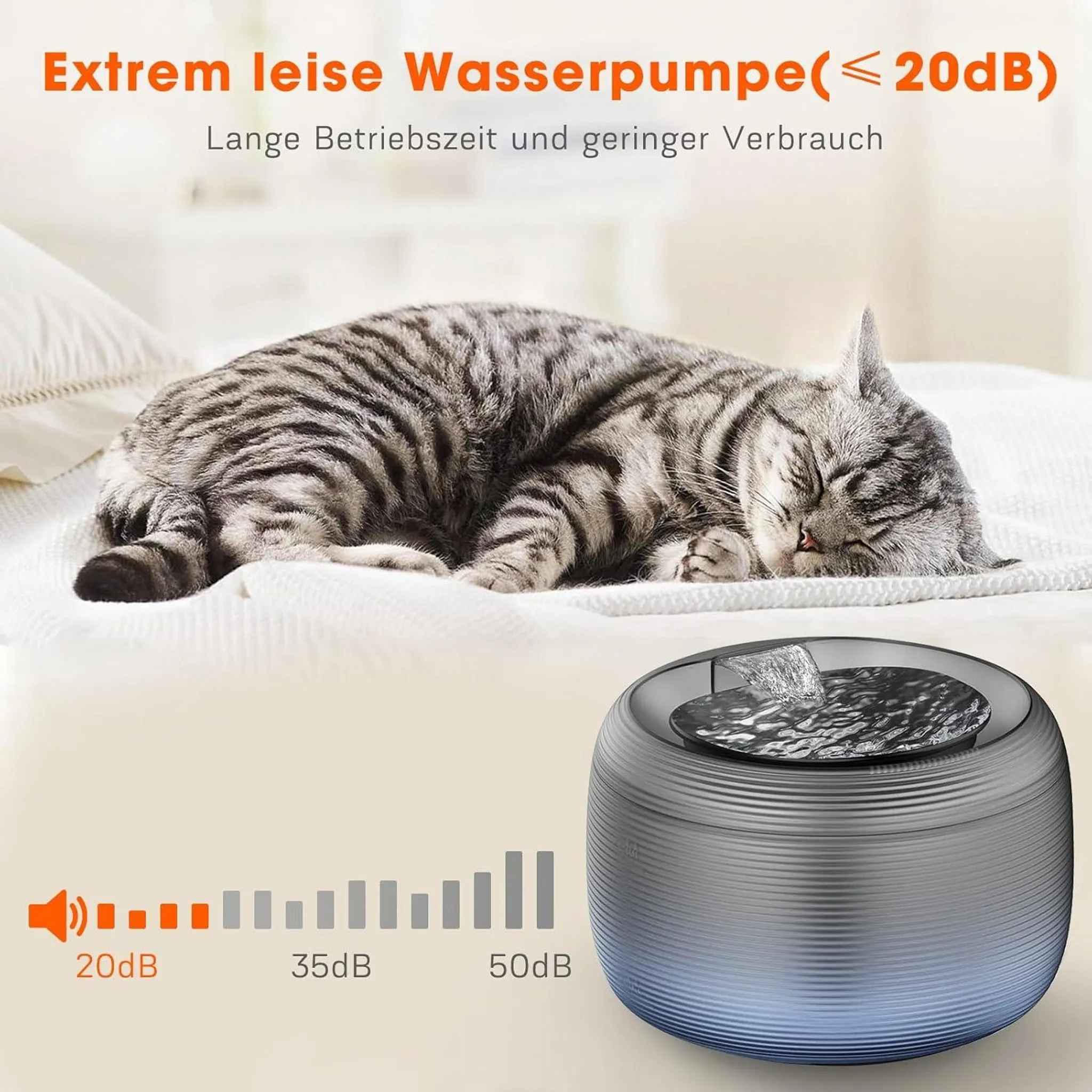Eine Katze schläft in der Nähe eines Wasserbrunnens. Der Brunnen zeigt Wasserfluss und hat einen Geräuschpegel von 20 dB. Der Text sagt, dass es leise ist.