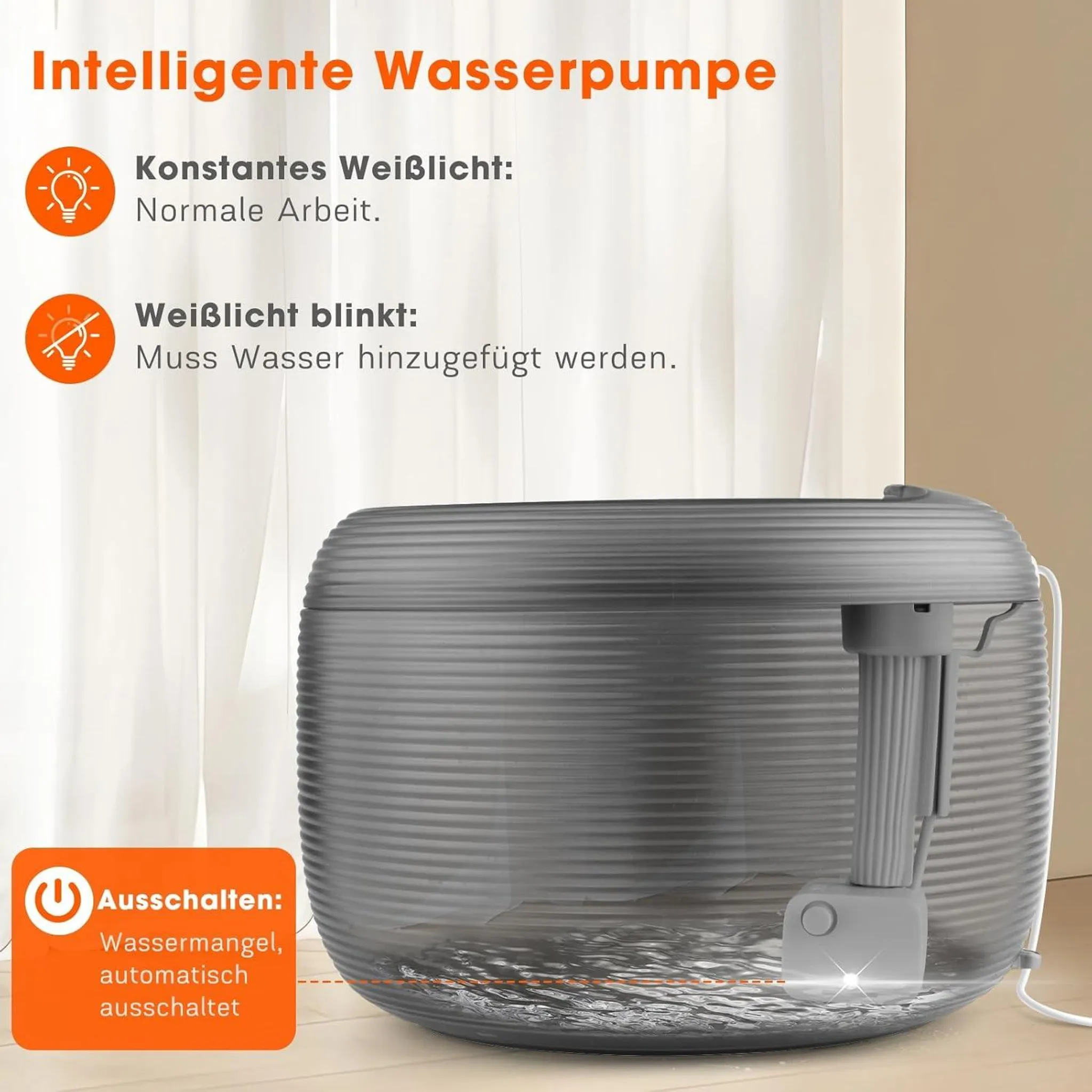 Graue Wasserpumpe mit Anzeigen. Der Text besagt, dass es sich um eine intelligente Wasserpumpe handelt. Indikatoren zeigen normal und niedrig Wasser.