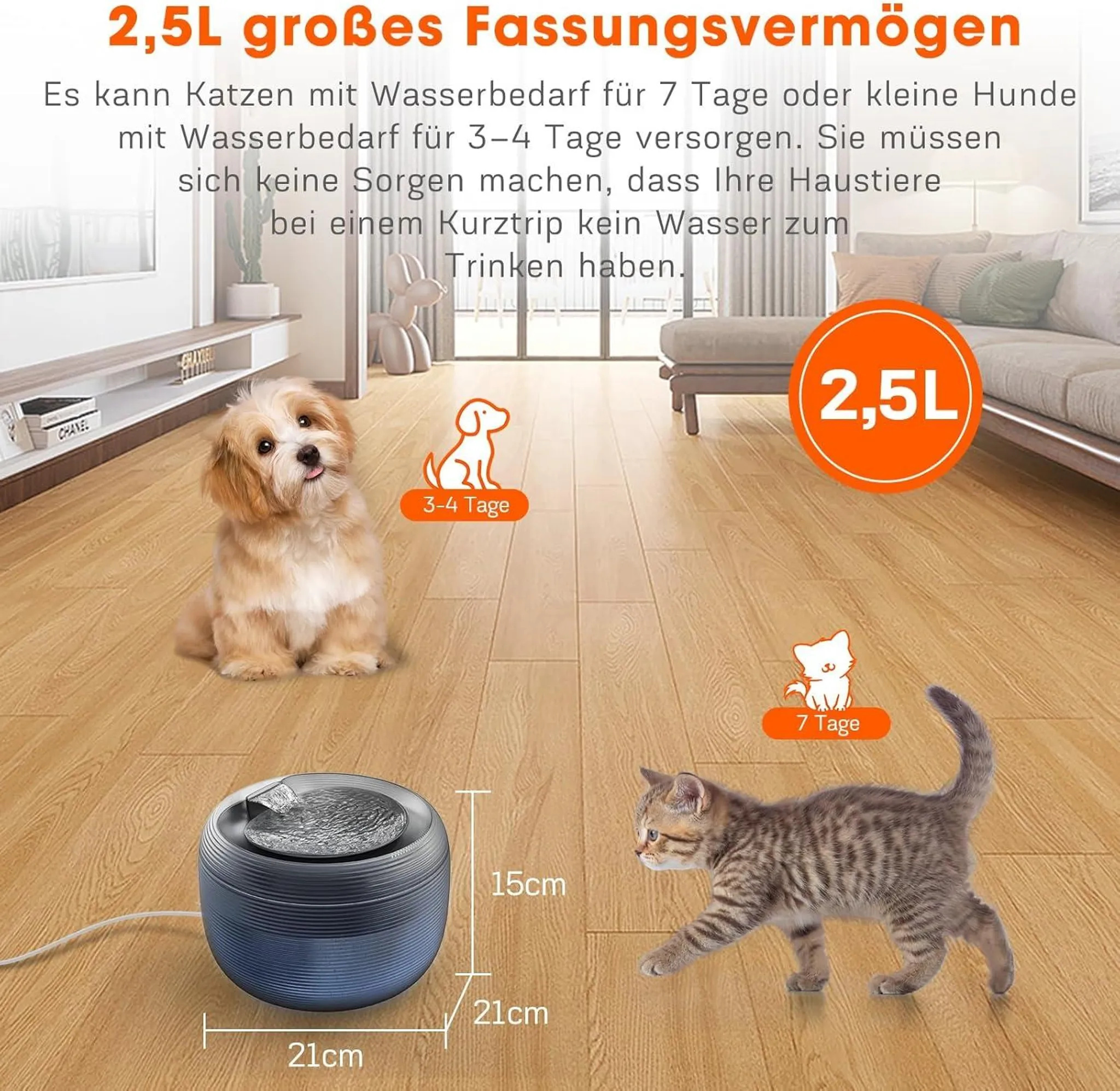 Ein Hund und eine Katze neben einem Wasserbrunnen. Text sagt 2,5L Fassungsvermögen, 7 Tage für Katzen, 3-4 Tage für Hunde.