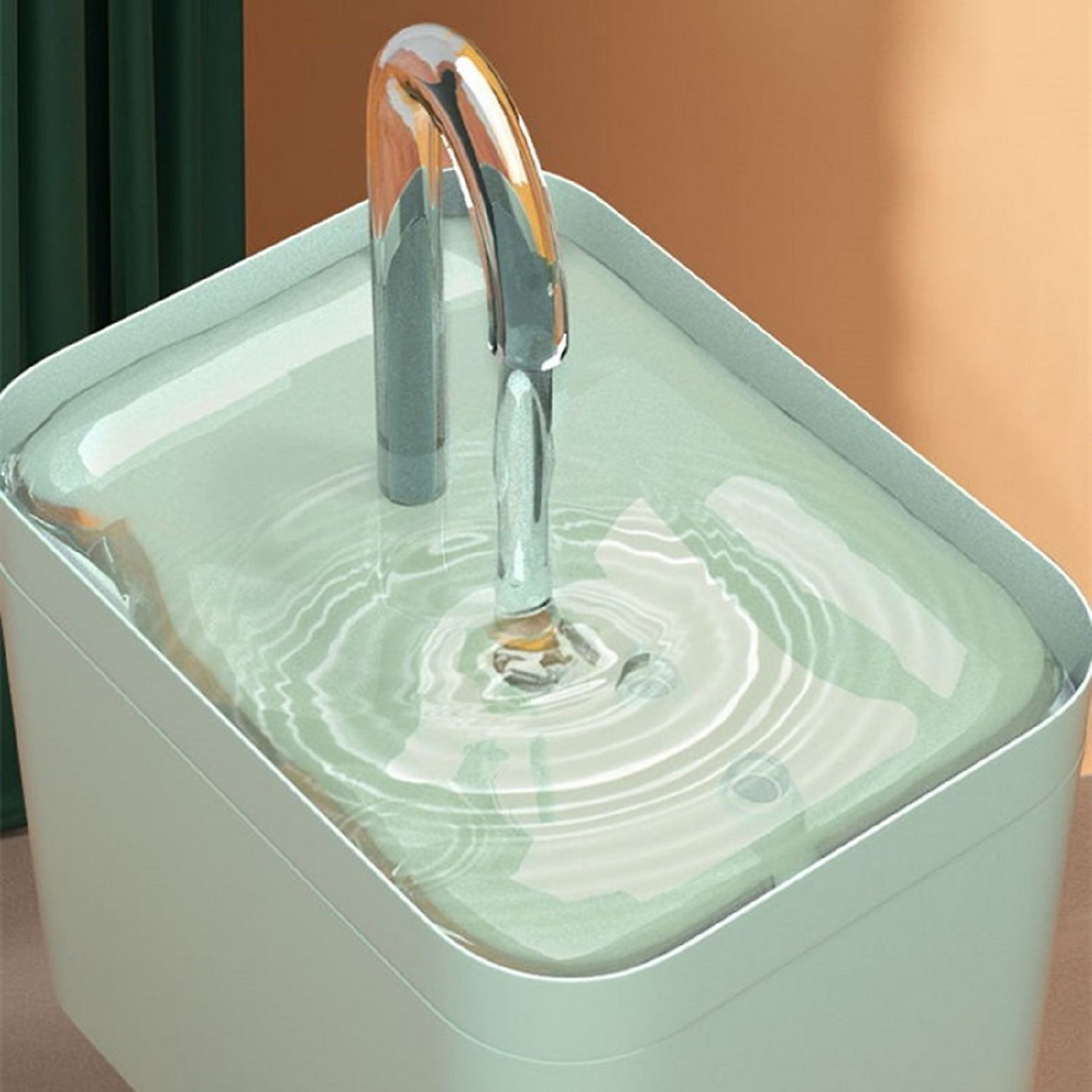 Ein Haustier-Trinkbrunnen mit fließendem Wasser. Der Brunnen ist hellgrün, das Wasser ist klar und der Wasserhahn ist metallisch.