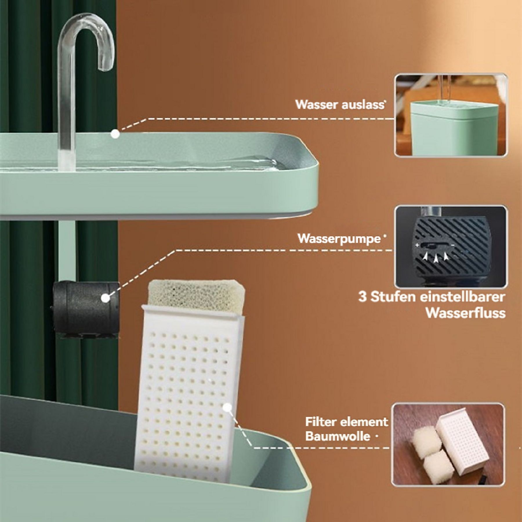 Diagramm eines Wasserfiltersystems mit deutschen Beschriftungen. Enthält Pumpe, Filter und Wasserdurchflusseinstellung.