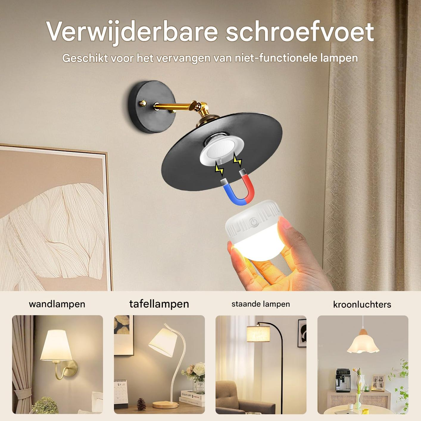 Eine Hand hält eine leuchtende Glühbirne in der Nähe einer schwarzen Lampe. Darunter sind Bilder verschiedener Lampen: Wand-, Tisch-, Steh- und Kronleuchter.