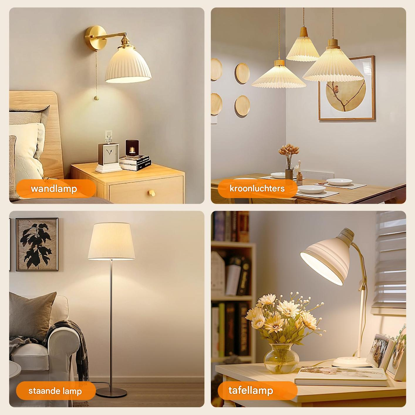 Vier Bilder von Lampen: Wand-, Hänge-, Steh- und Tischlampe. Jedes zeigt einen anderen Stil in einer Raumeinstellung, mit niederländischen Etiketten.