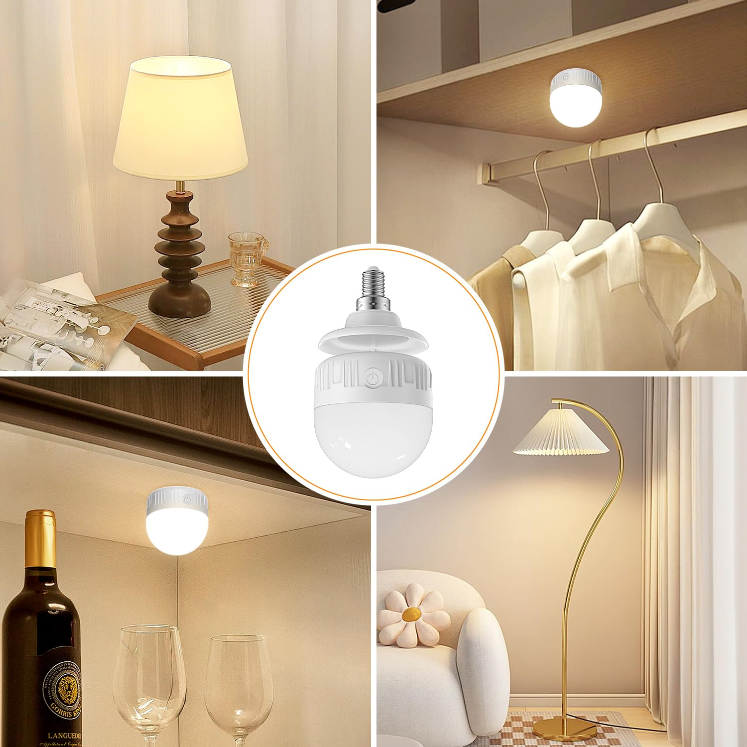 Das Bild zeigt eine Lampe, eine Weinflasche, eine Stehlampe und einen Schrank mit Kleidung. In der Mitte ist eine Glühbirne.