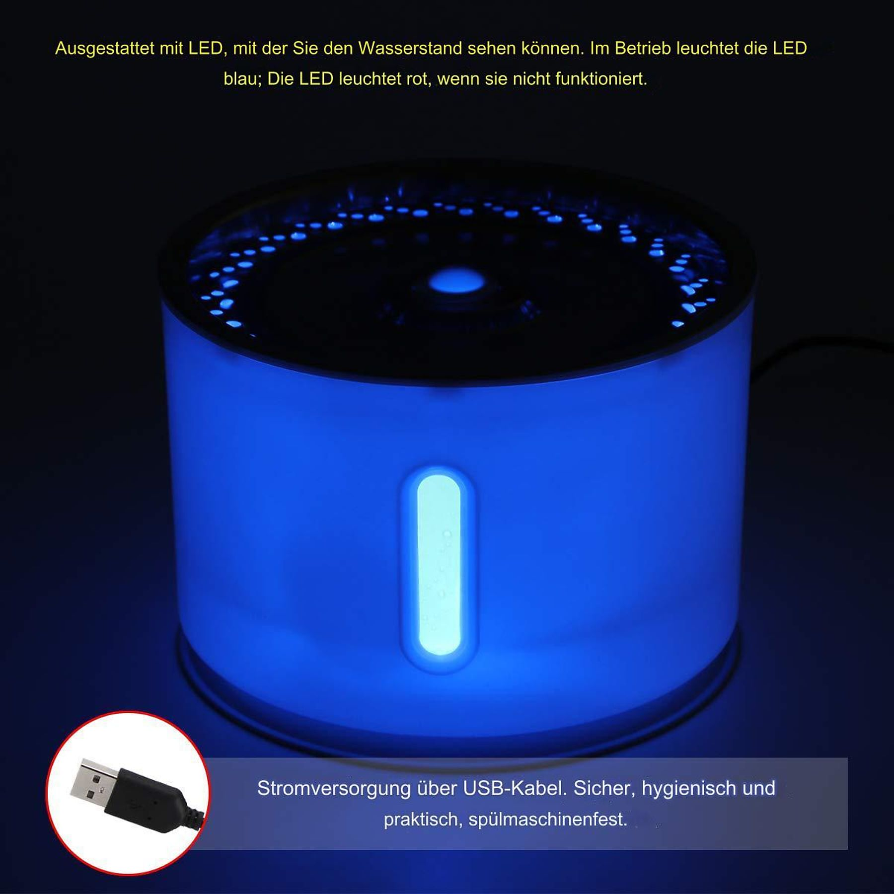 Blau beleuchteter Wasserbrunnen mit USB-Kabel. Es hat ein blaues Licht und eine Anzeige.