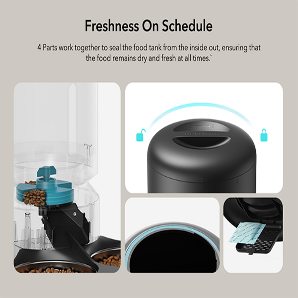 Das Bild zeigt einen Tierfutterautomaten mit 4 Teilen. Es hat einen schwarzen Behälter und einen transparenten Futterbereich. Der Text lautet 'Freshness On Schedule'.