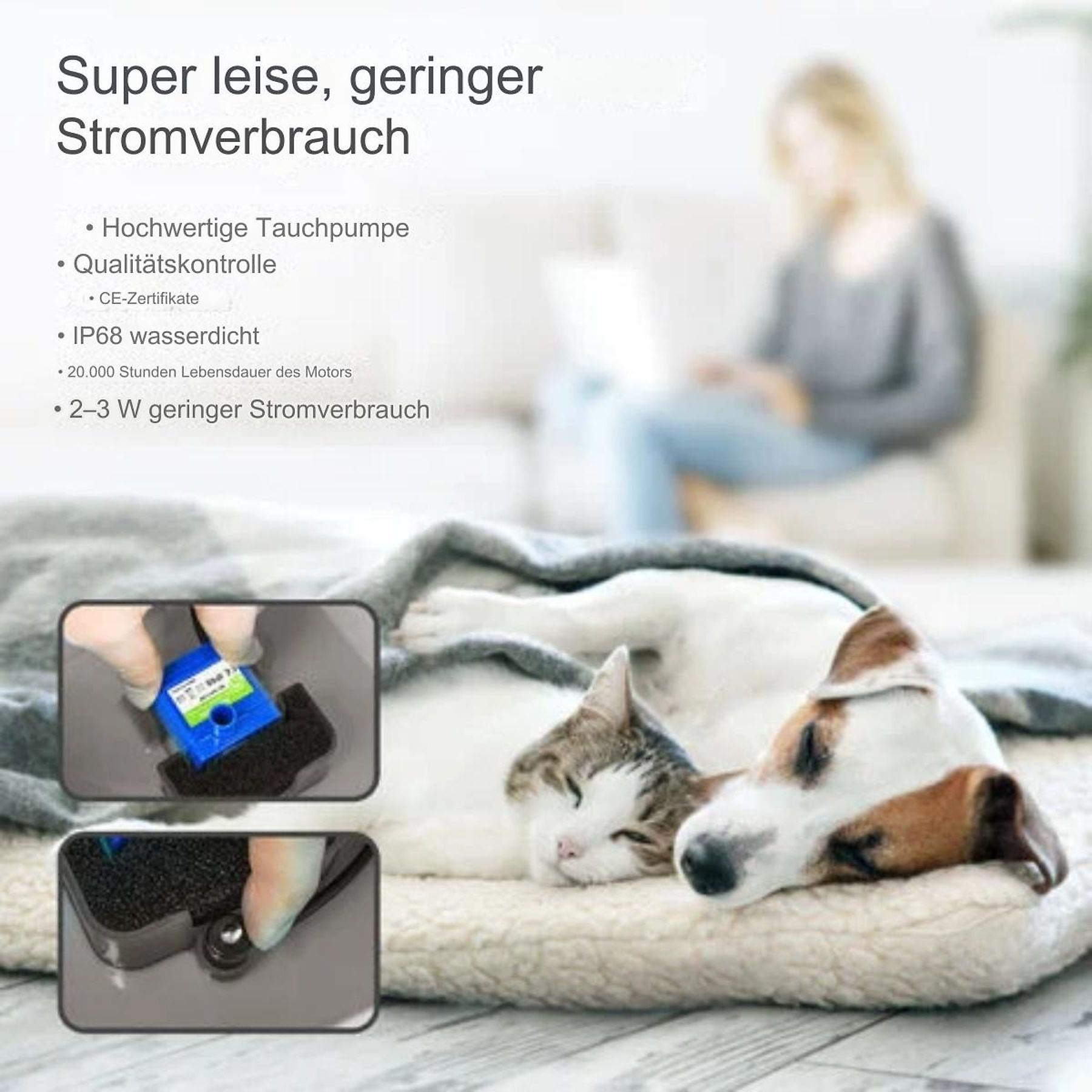 Eine Katze und ein Hund schlafen auf einer Decke. Im Hintergrund sitzt eine Frau. Zwei inset Bilder zeigen Produktdetails.