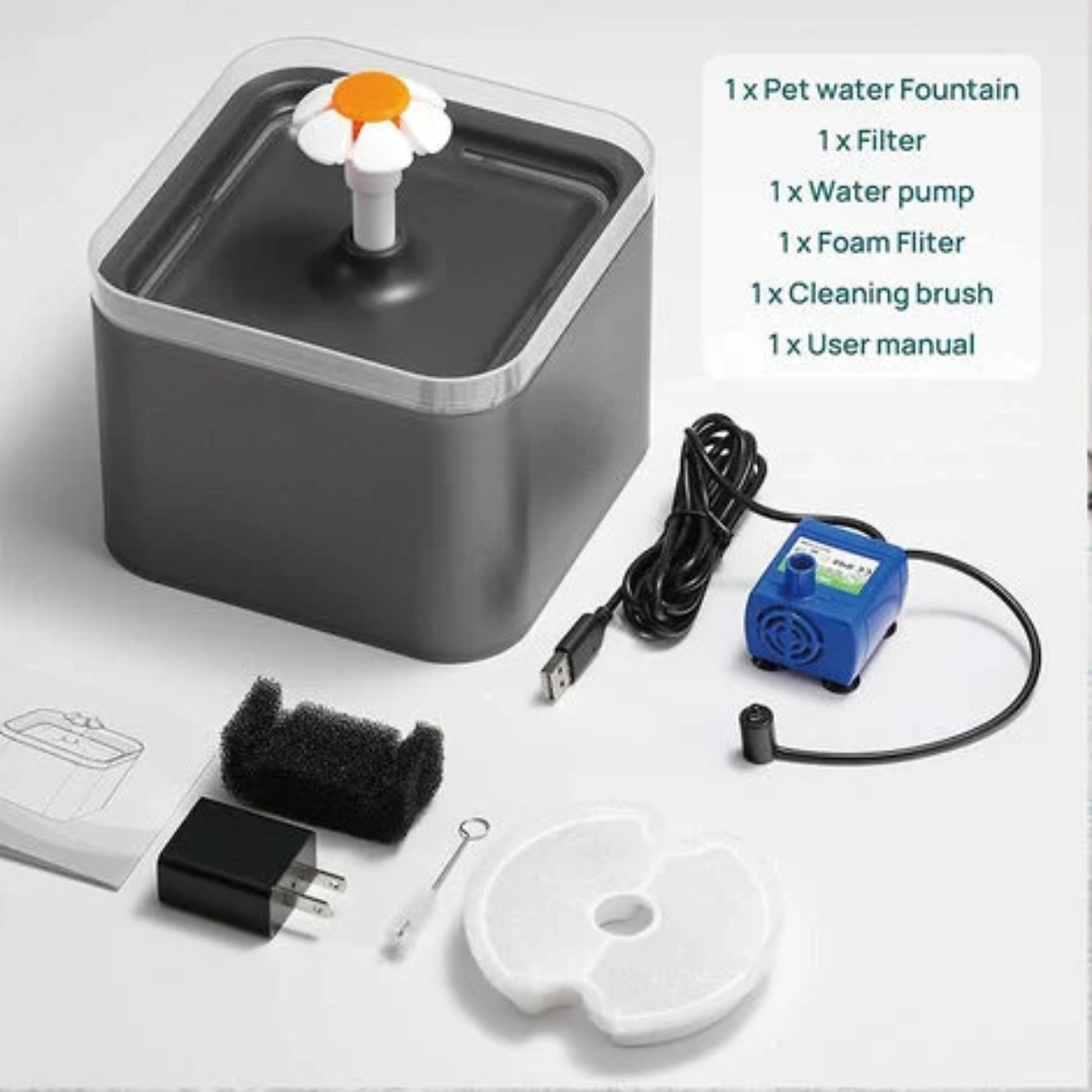 Haustier-Wasserbrunnen mit Zubehör: Pumpe, Filter, Bürste und Handbuch. Ein blütenförmiger Wasserauslass befindet sich oben.