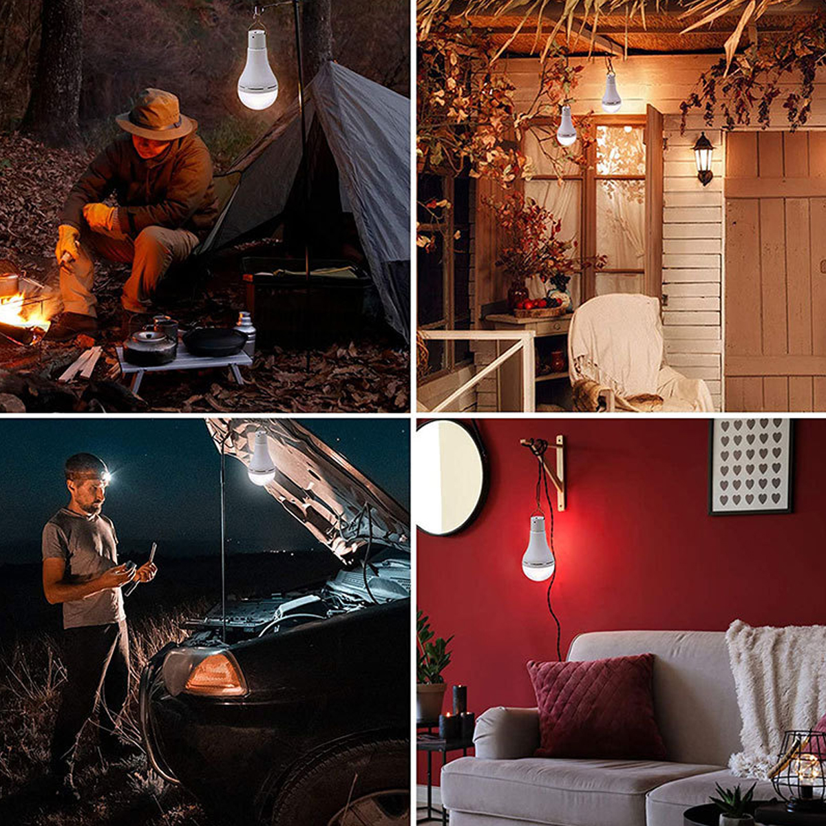 Vier Szenen mit LED-Glühbirnen in verschiedenen Umgebungen: Camping, Terrasse, Autoreparatur und Wohnzimmer.