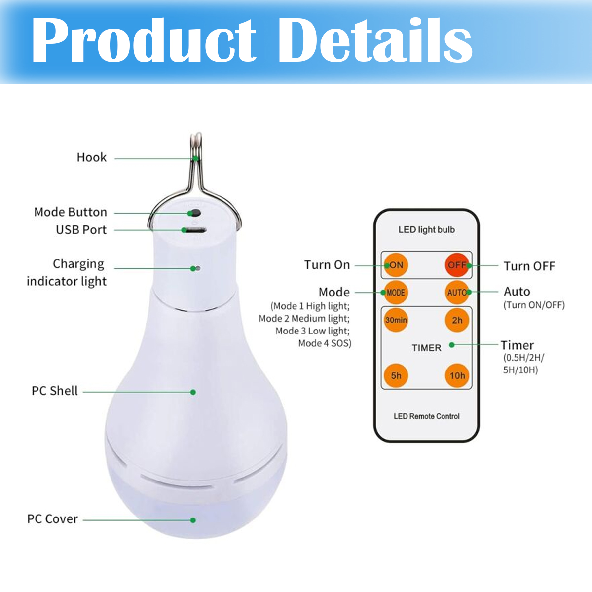 Eine weiße LED-Glühbirne mit Haken, USB-Anschluss und Fernbedienung für verschiedene Modi und Timereinstellungen.