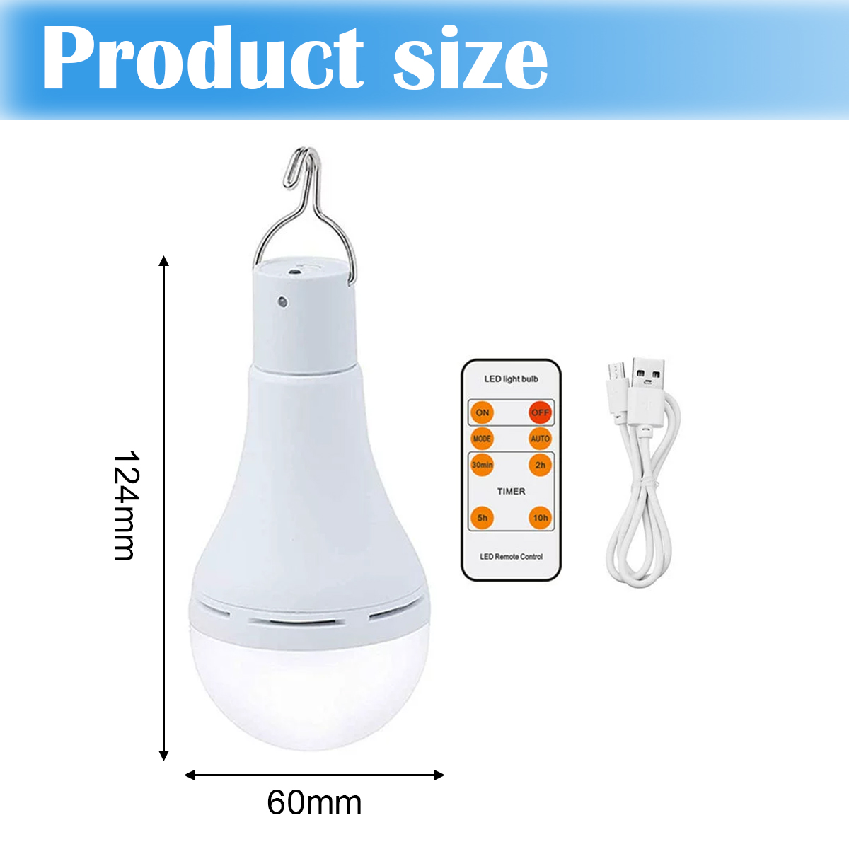 Weiße LED-Glühbirne mit Haken, Fernbedienung und USB-Kabel. Abmessungen sind 124 mm x 60 mm. Die Fernbedienung hat Ein/Aus- und Timer-Einstellungen.