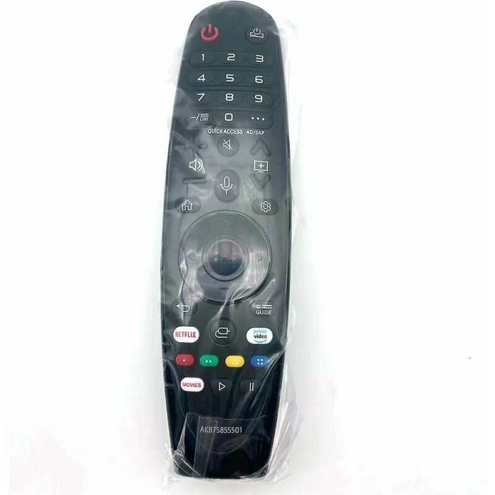 Eine schwarze LG-Fernbedienung in Plastik auf weißem Hintergrund. Sie hat Tasten für Netflix, Filme und Zifferntasten.